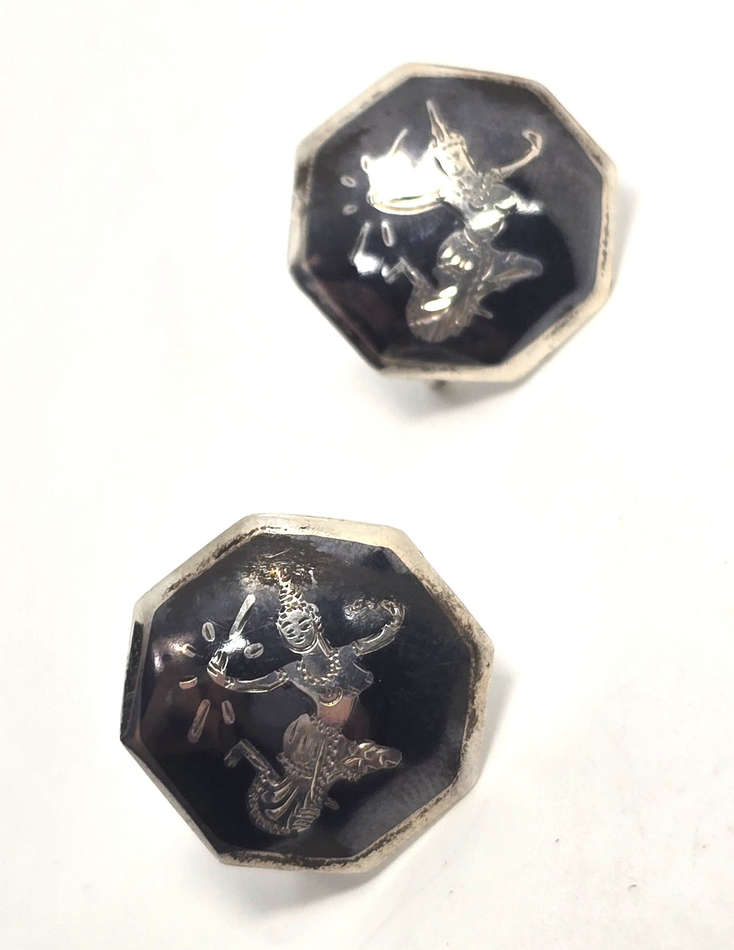 Siam Nielloware Goddess deity black enamel sterling silver screw back earrings