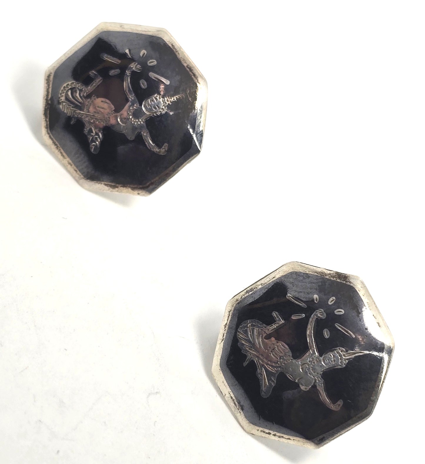 Siam Nielloware Goddess deity black enamel sterling silver screw back earrings