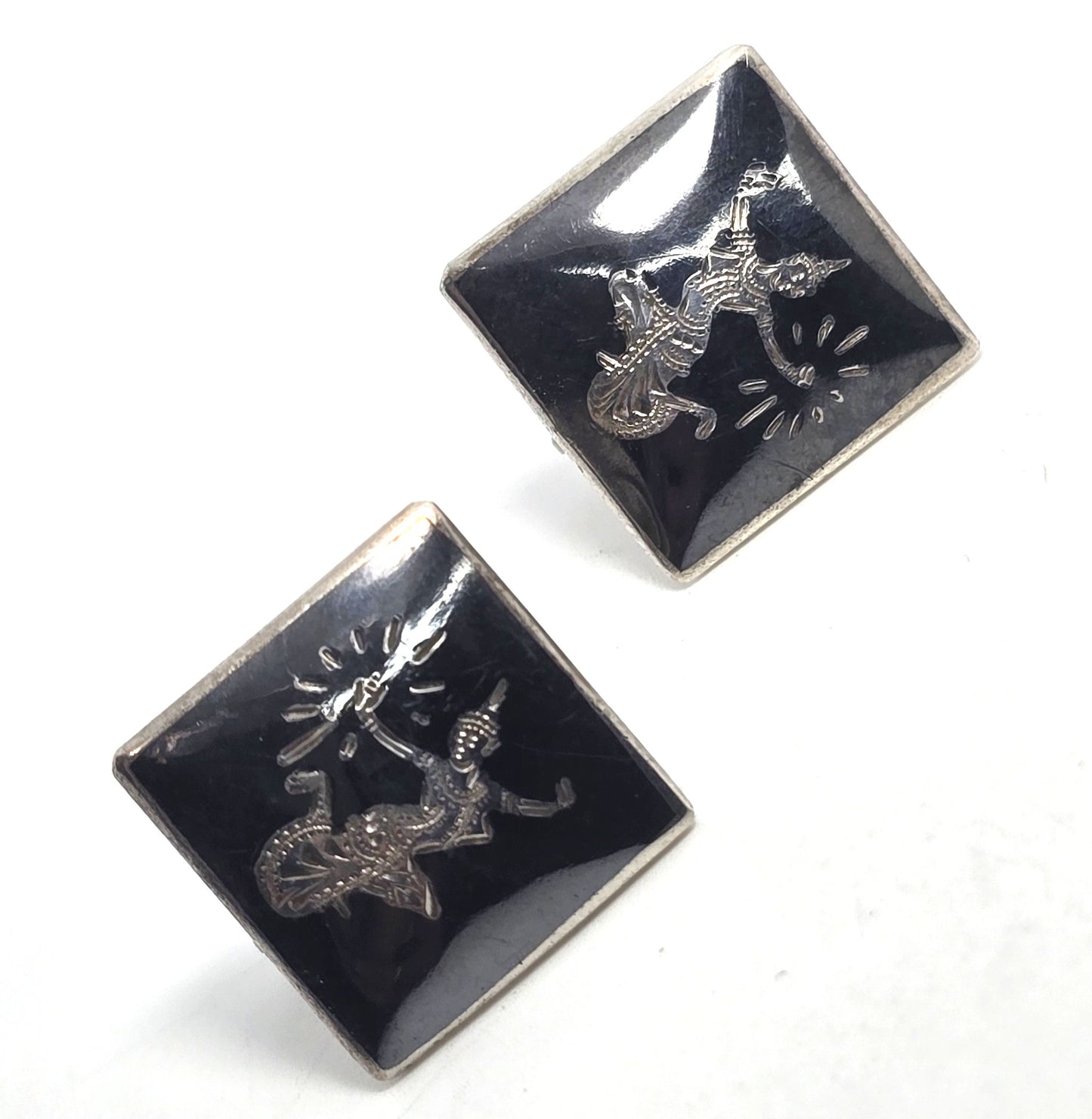 Siam Nielloware Goddess black enamel sterling silver square screw back earrings
