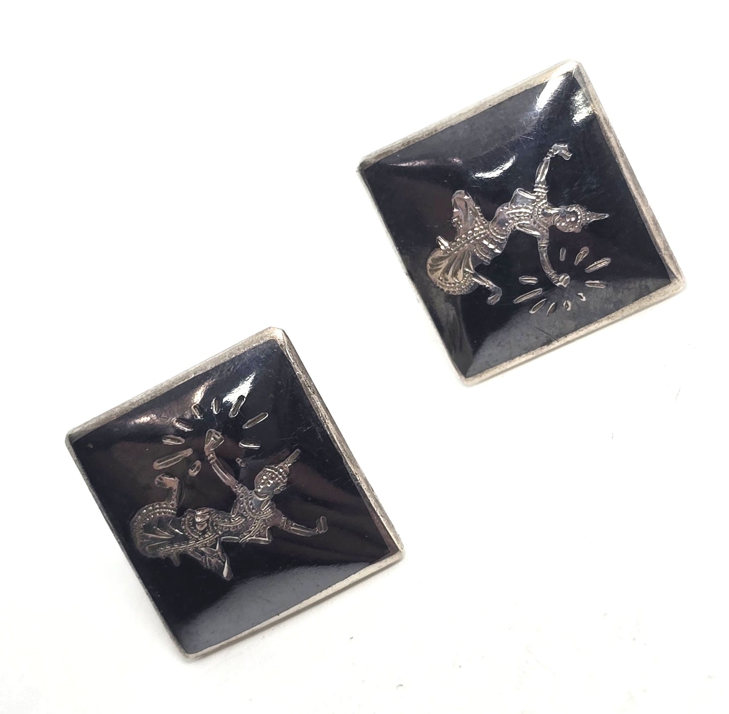 Siam Nielloware Goddess black enamel sterling silver square screw back earrings