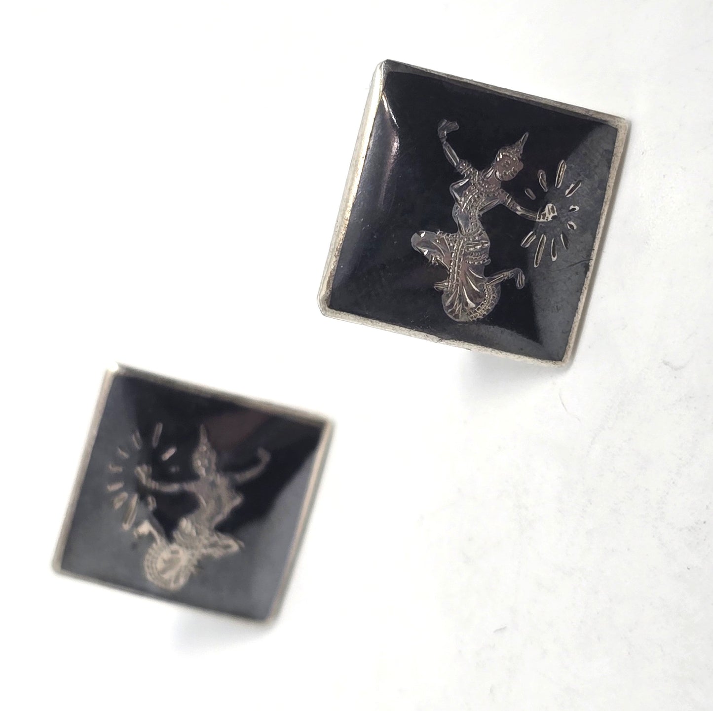 Siam Nielloware Goddess black enamel sterling silver square screw back earrings
