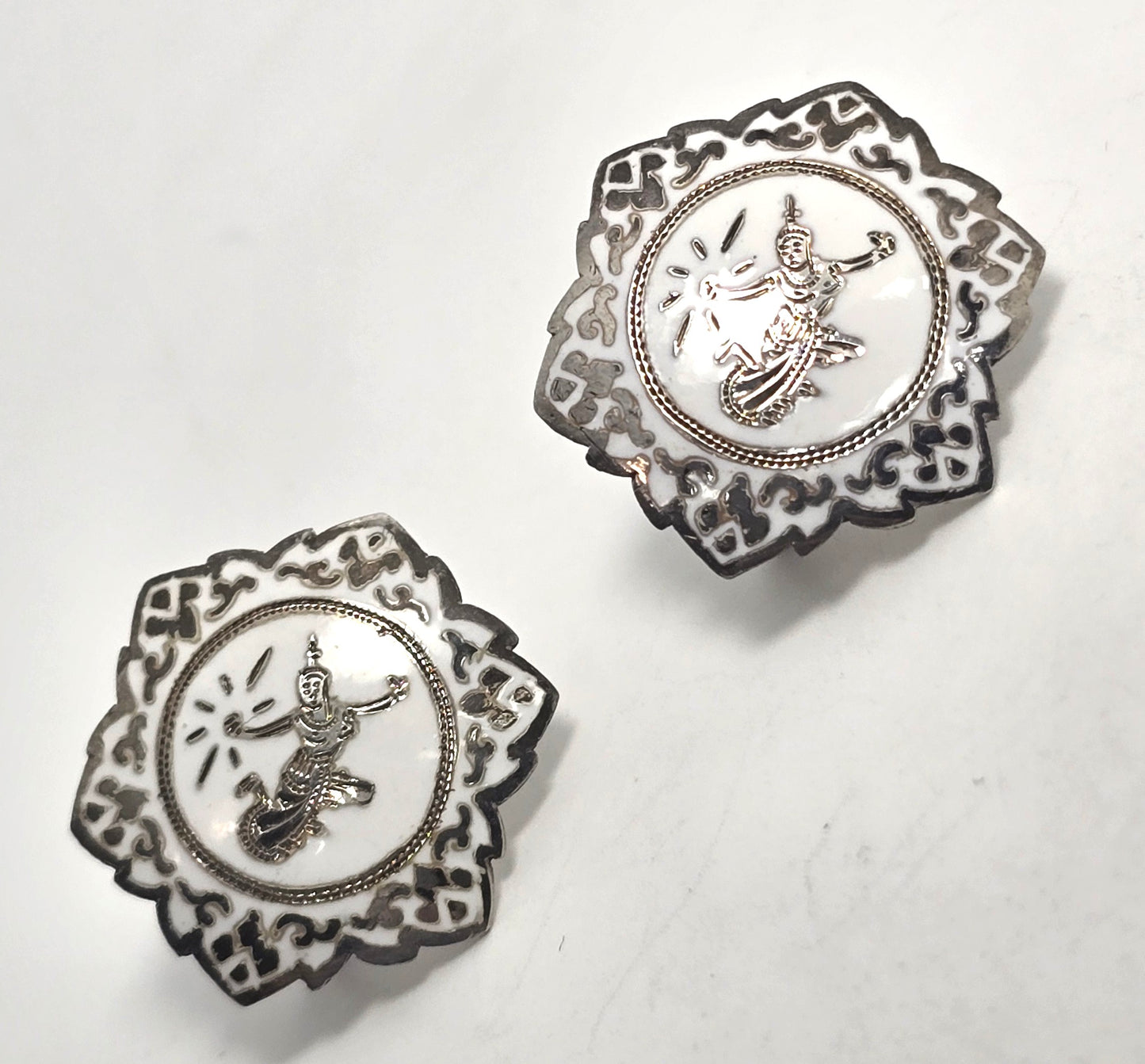 Siam Nielloware Goddess White enamel sterling silver ornate screw back earrings