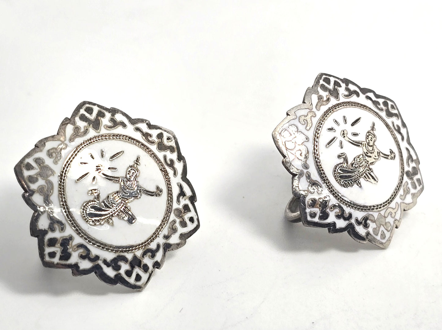 Siam Nielloware Goddess White enamel sterling silver ornate screw back earrings