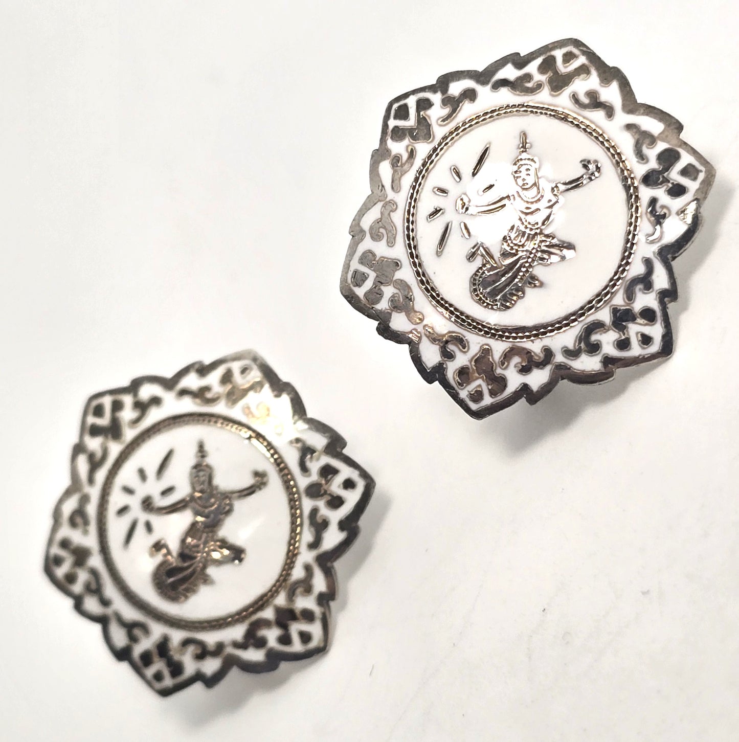 Siam Nielloware Goddess White enamel sterling silver ornate screw back earrings