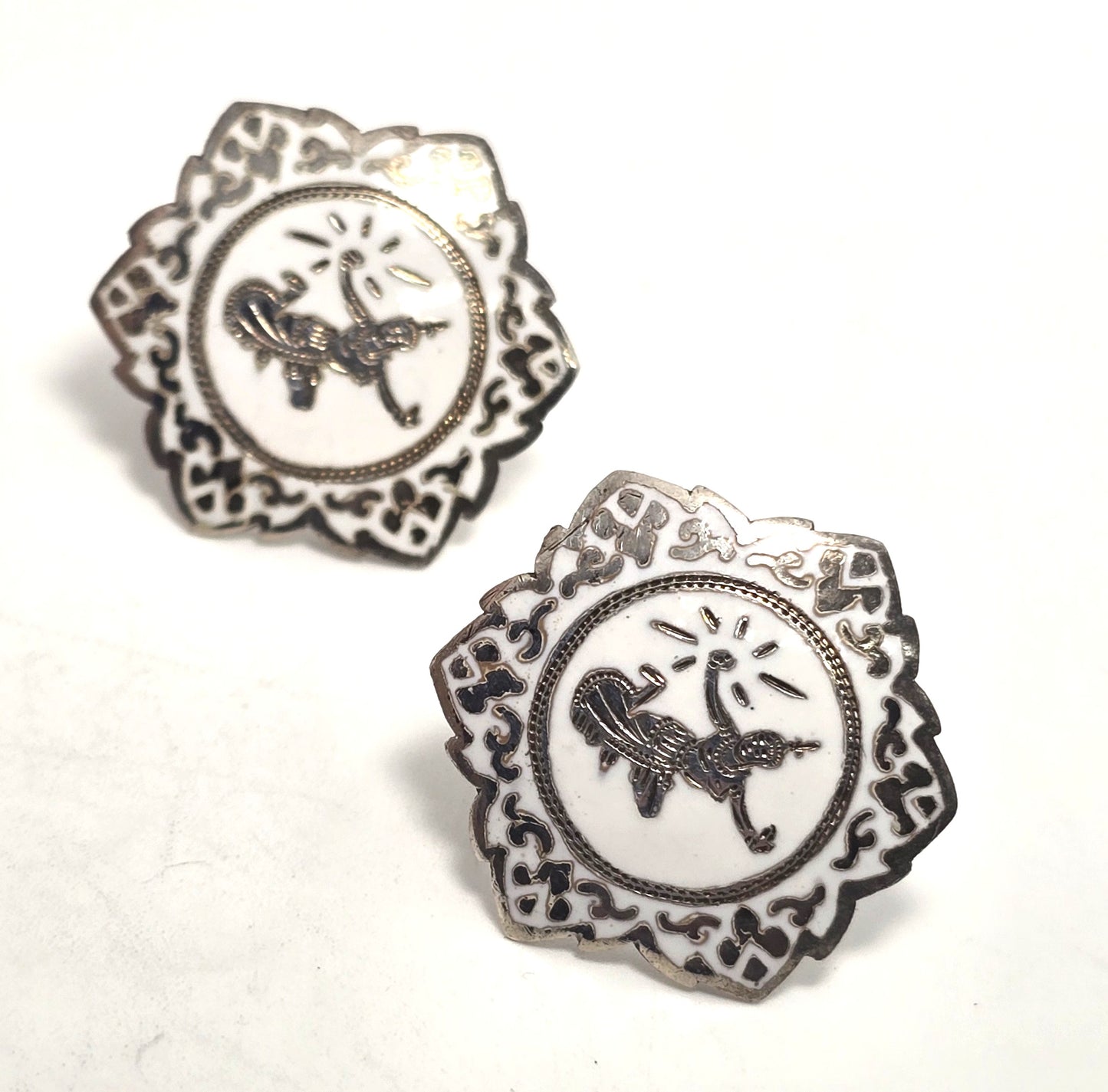 Siam Nielloware Goddess White enamel sterling silver ornate screw back earrings