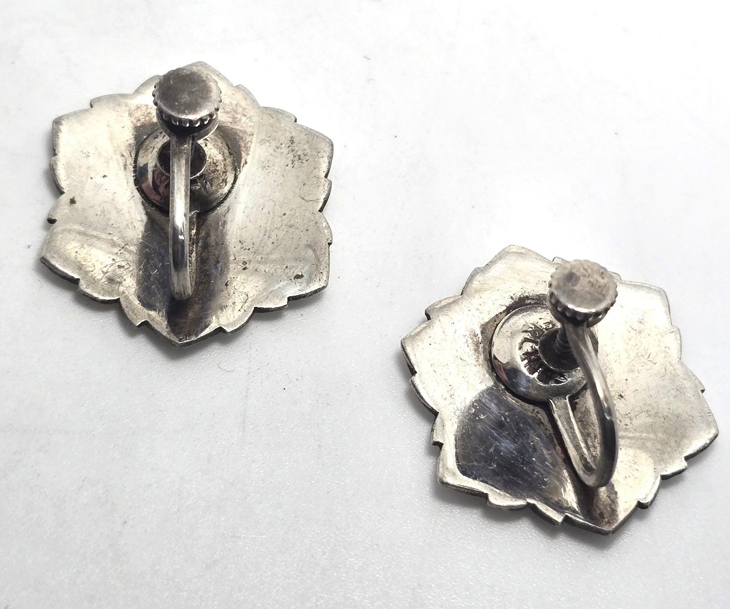 Siam Nielloware Goddess White enamel sterling silver ornate screw back earrings