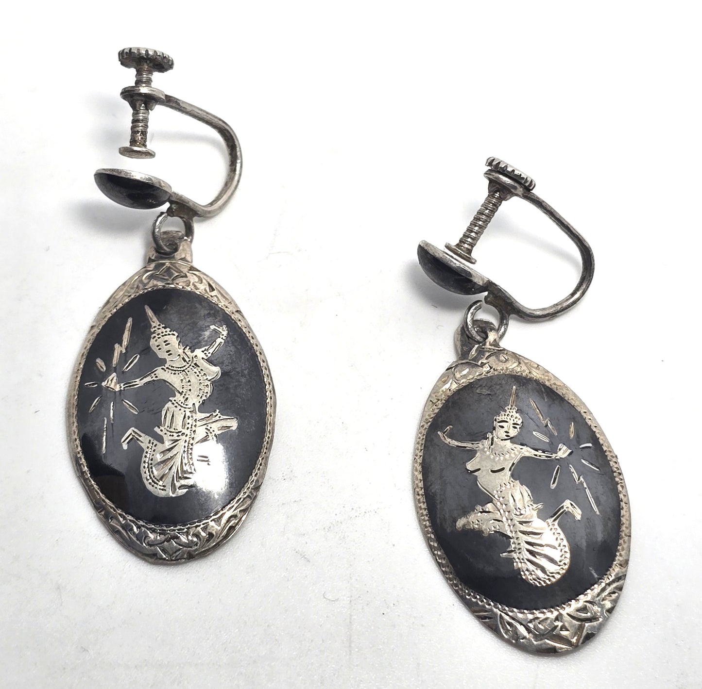 Siam Nielloware Goddess black enamel sterling silver drop screw back earrings