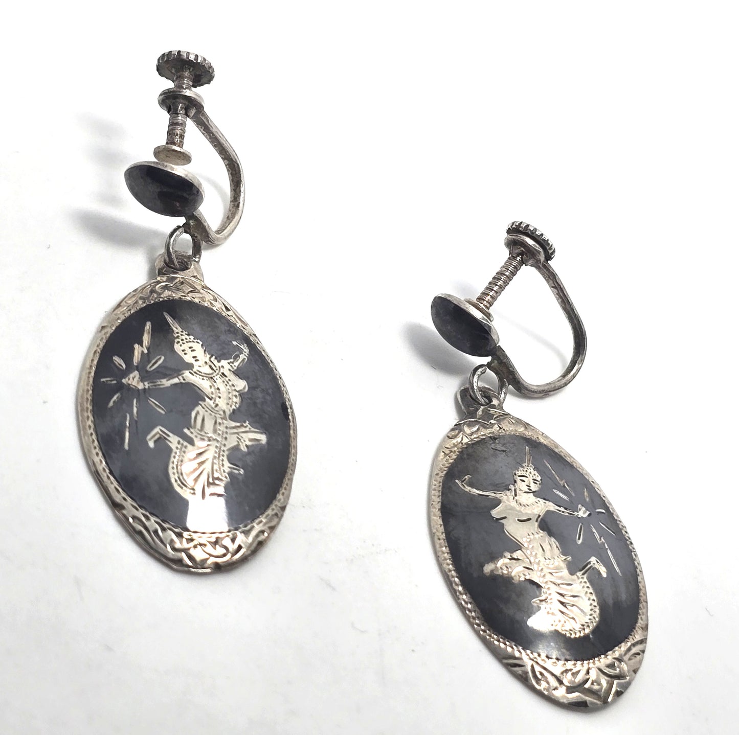 Siam Nielloware Goddess black enamel sterling silver drop screw back earrings