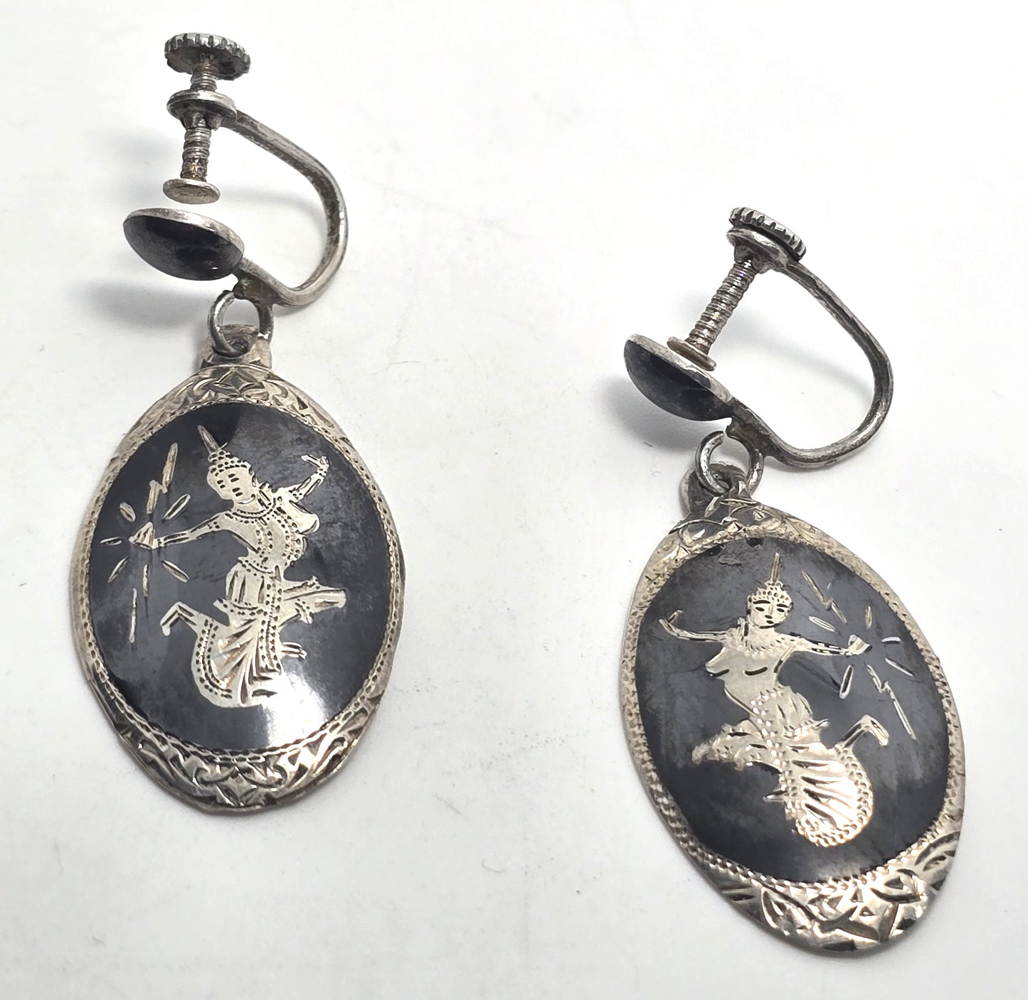 Siam Nielloware Goddess black enamel sterling silver drop screw back earrings