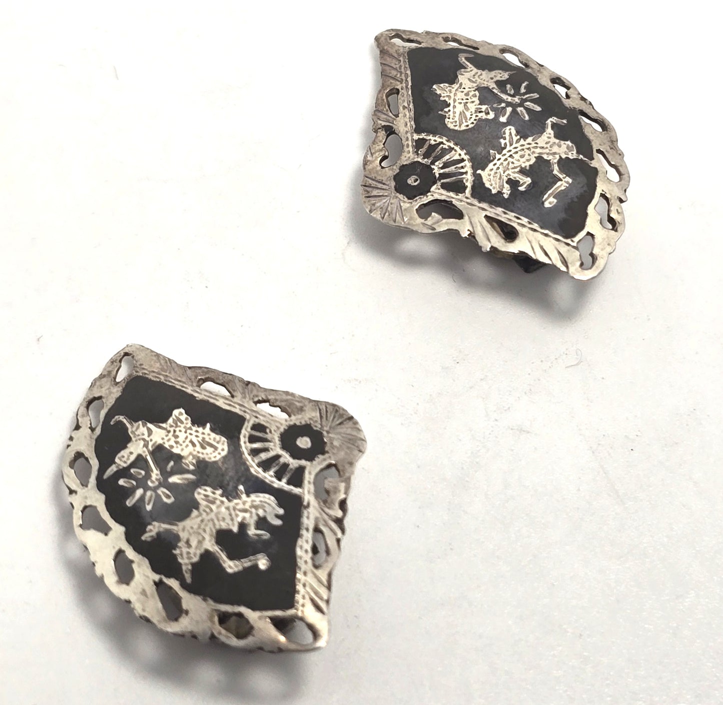 Siam Nielloware fan black enamel deity sterling silver vintage clip on earrings