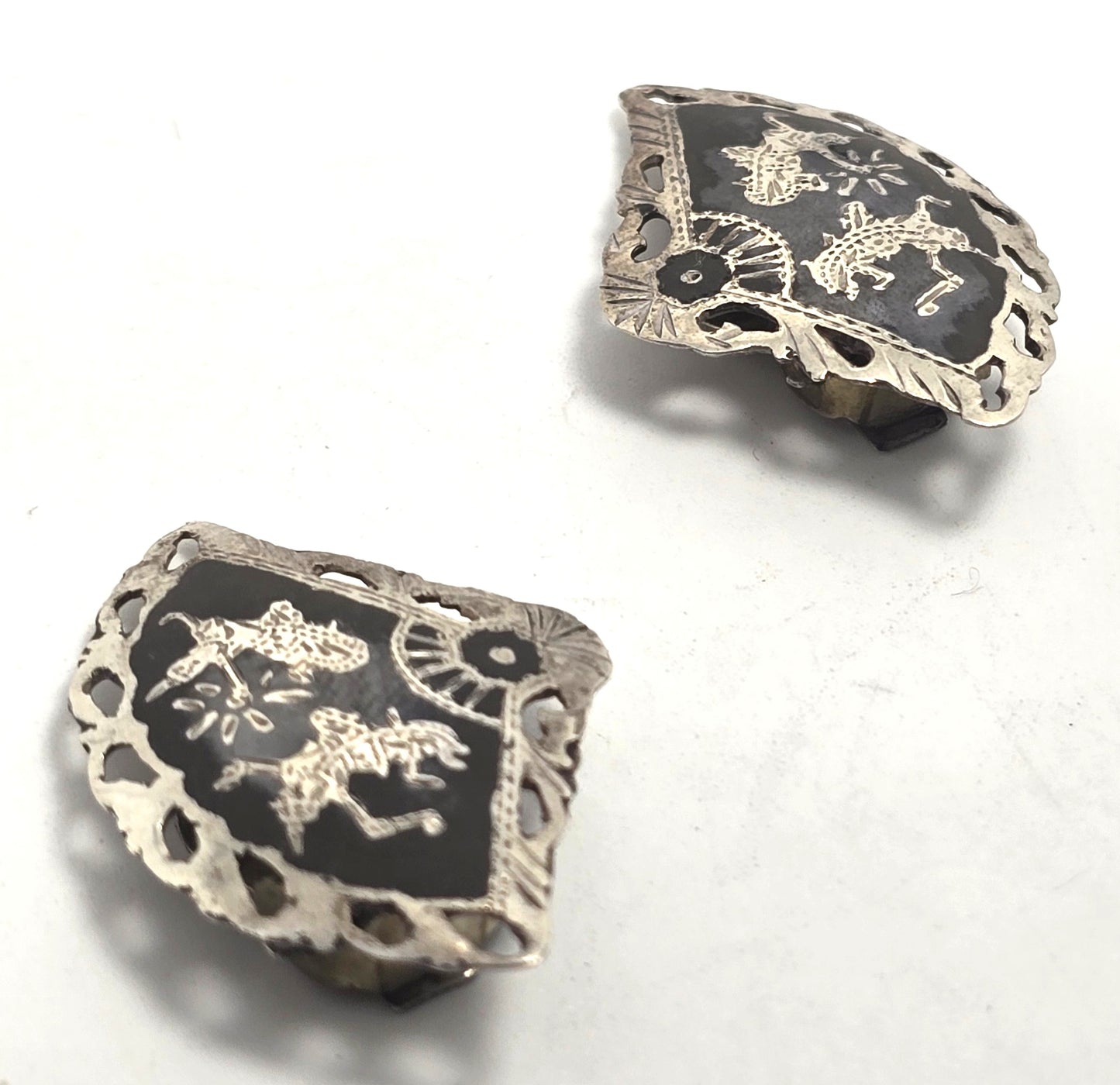 Siam Nielloware fan black enamel deity sterling silver vintage clip on earrings