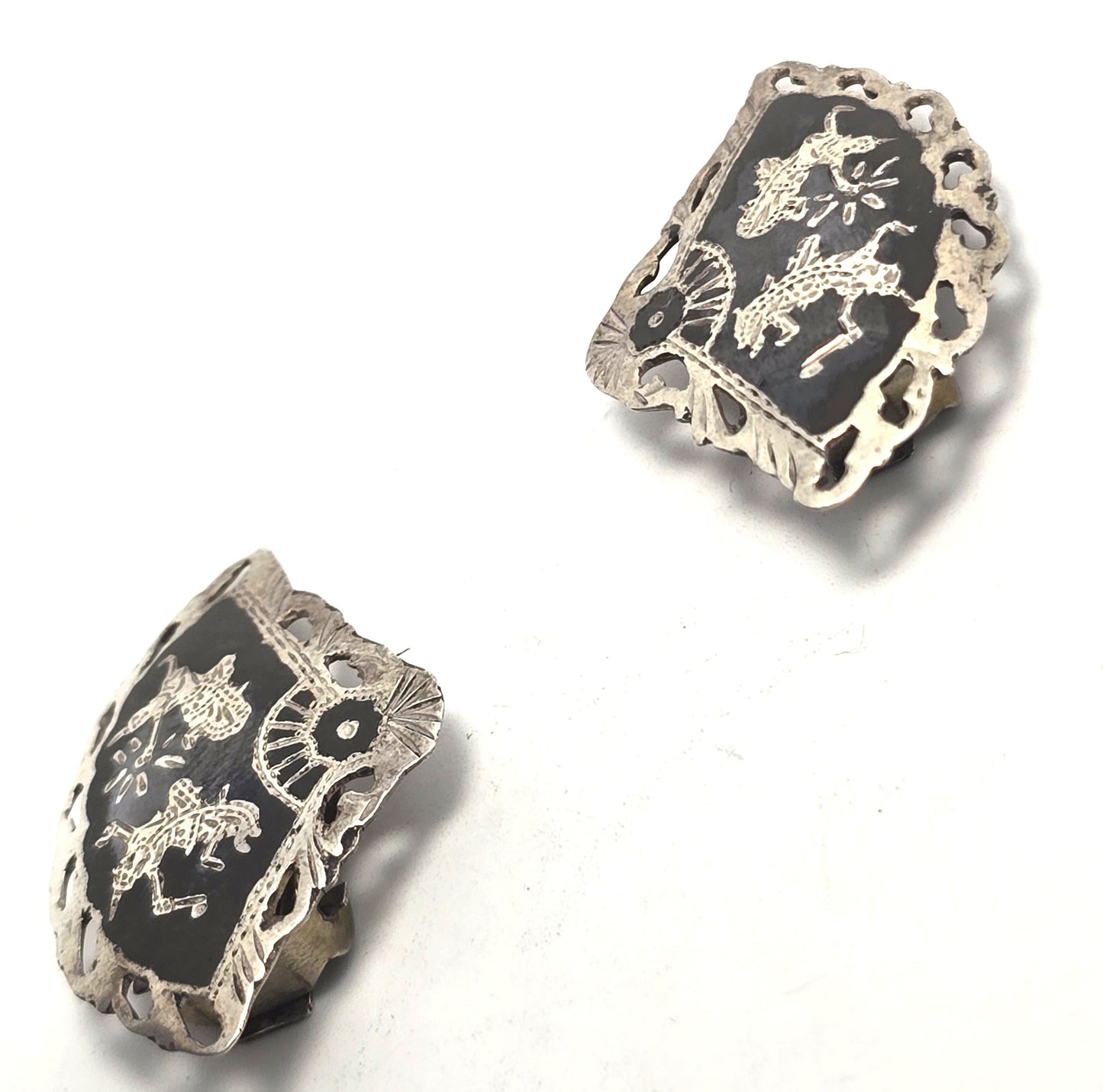 Siam Nielloware fan black enamel deity sterling silver vintage clip on earrings