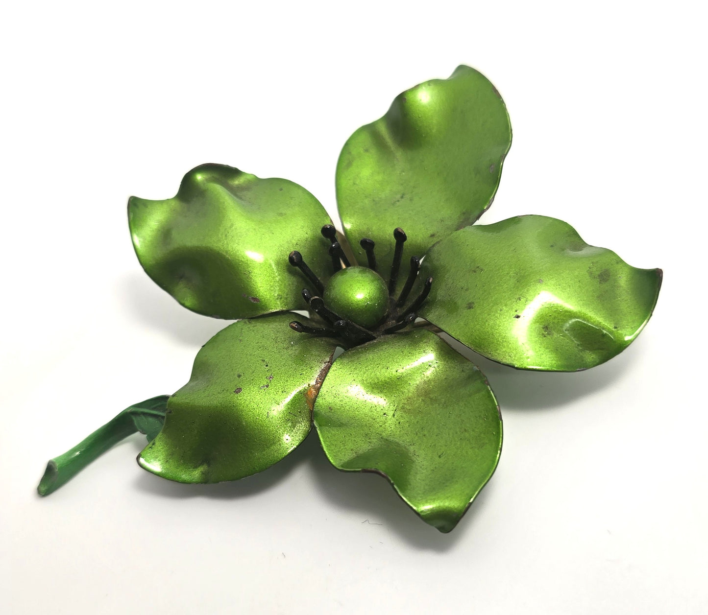 Green vintage Large retro enamel flower tin pin flower bouquet mid century brooch