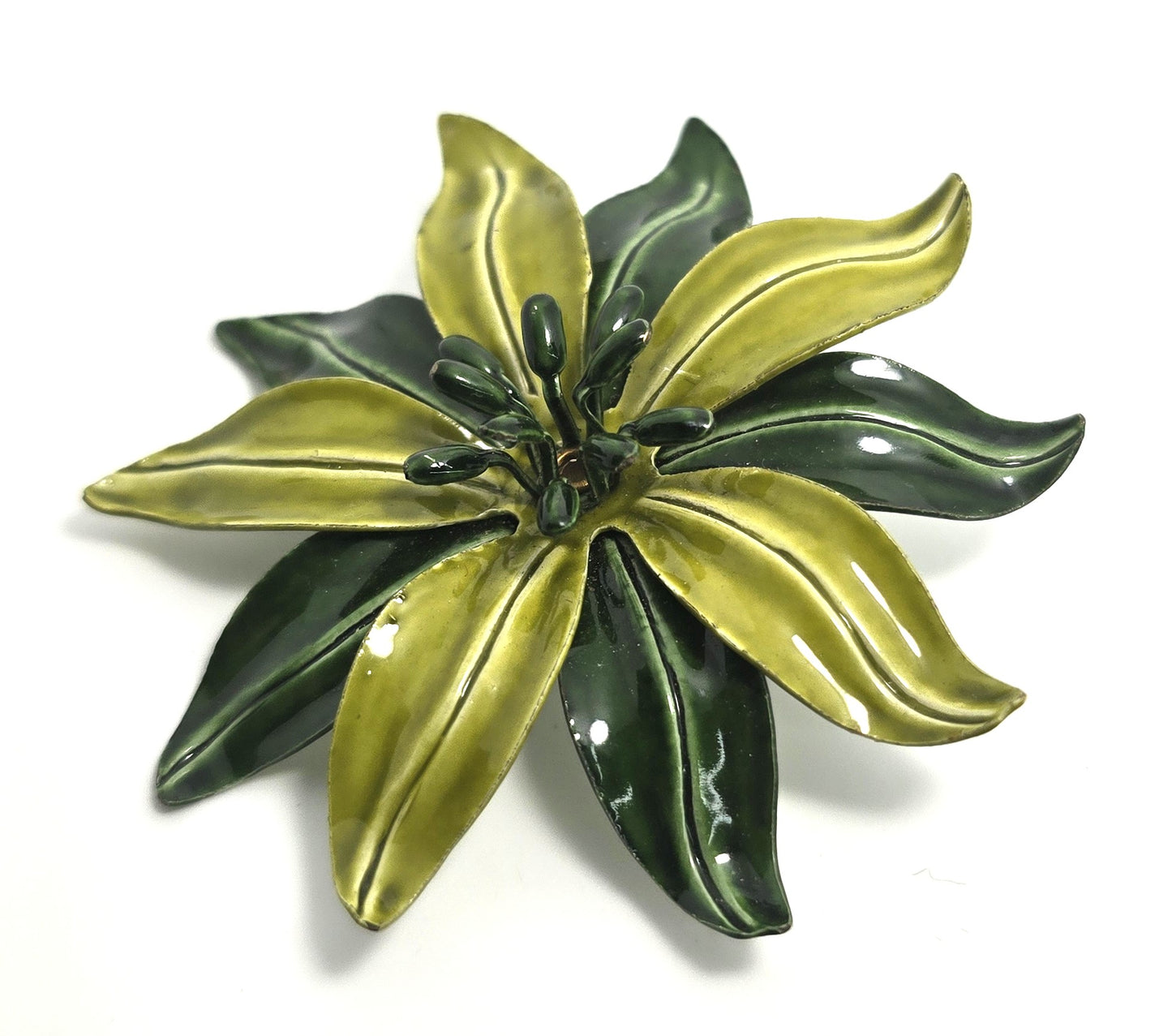 Green vintage Large retro enamel flower tin pin holiday Christmas mid century brooch