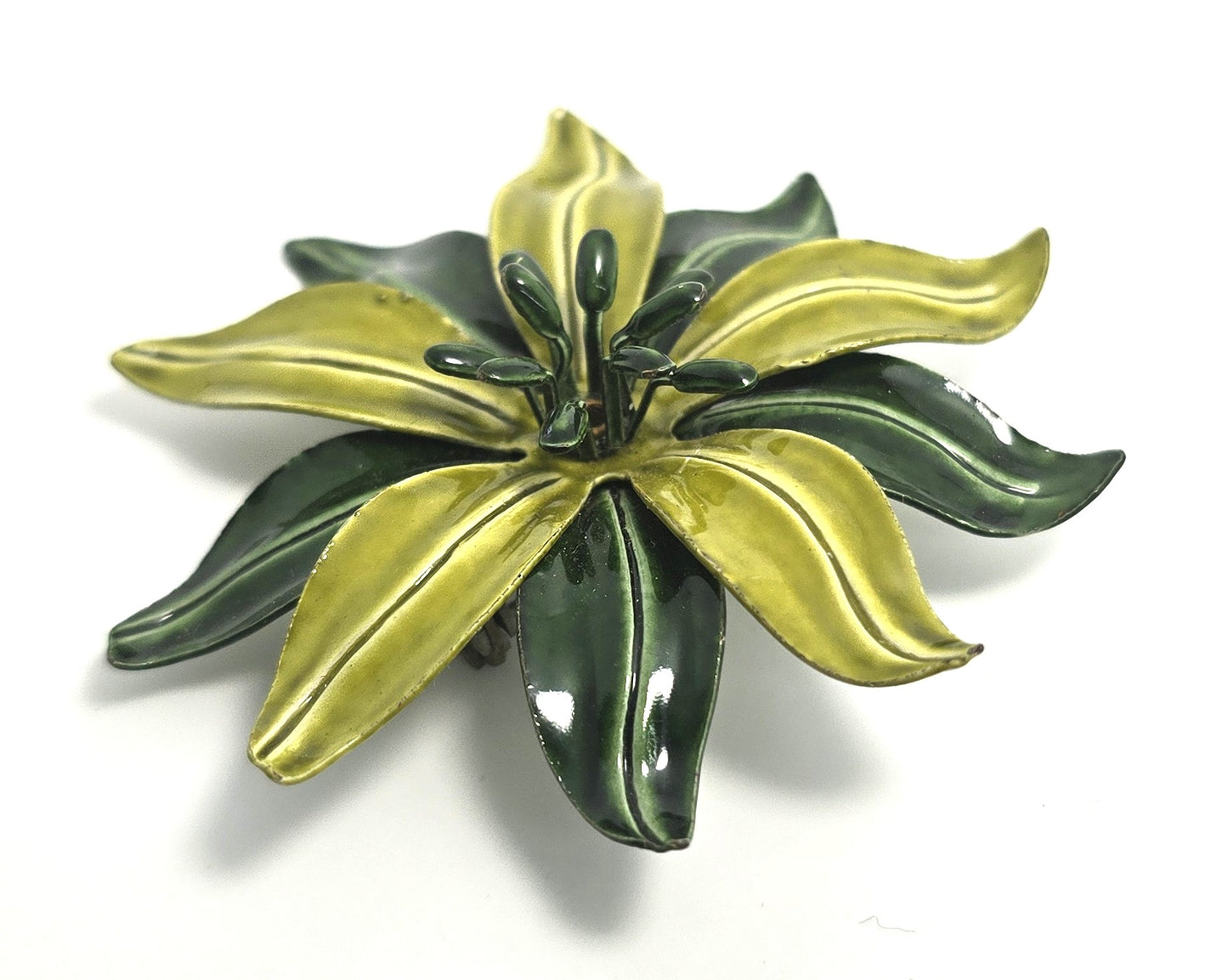 Green vintage Large retro enamel flower tin pin holiday Christmas mid century brooch