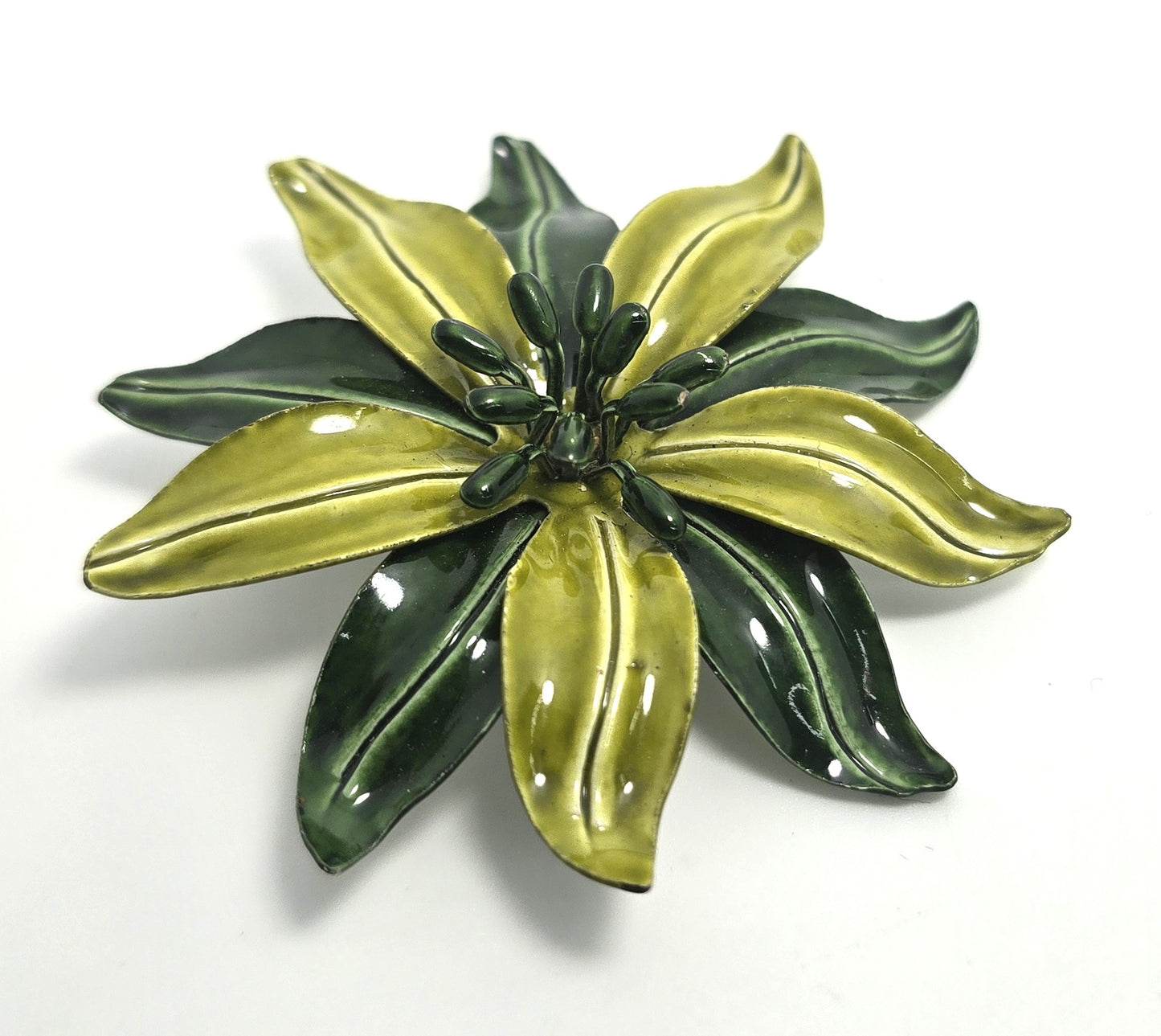Green vintage Large retro enamel flower tin pin holiday Christmas mid century brooch