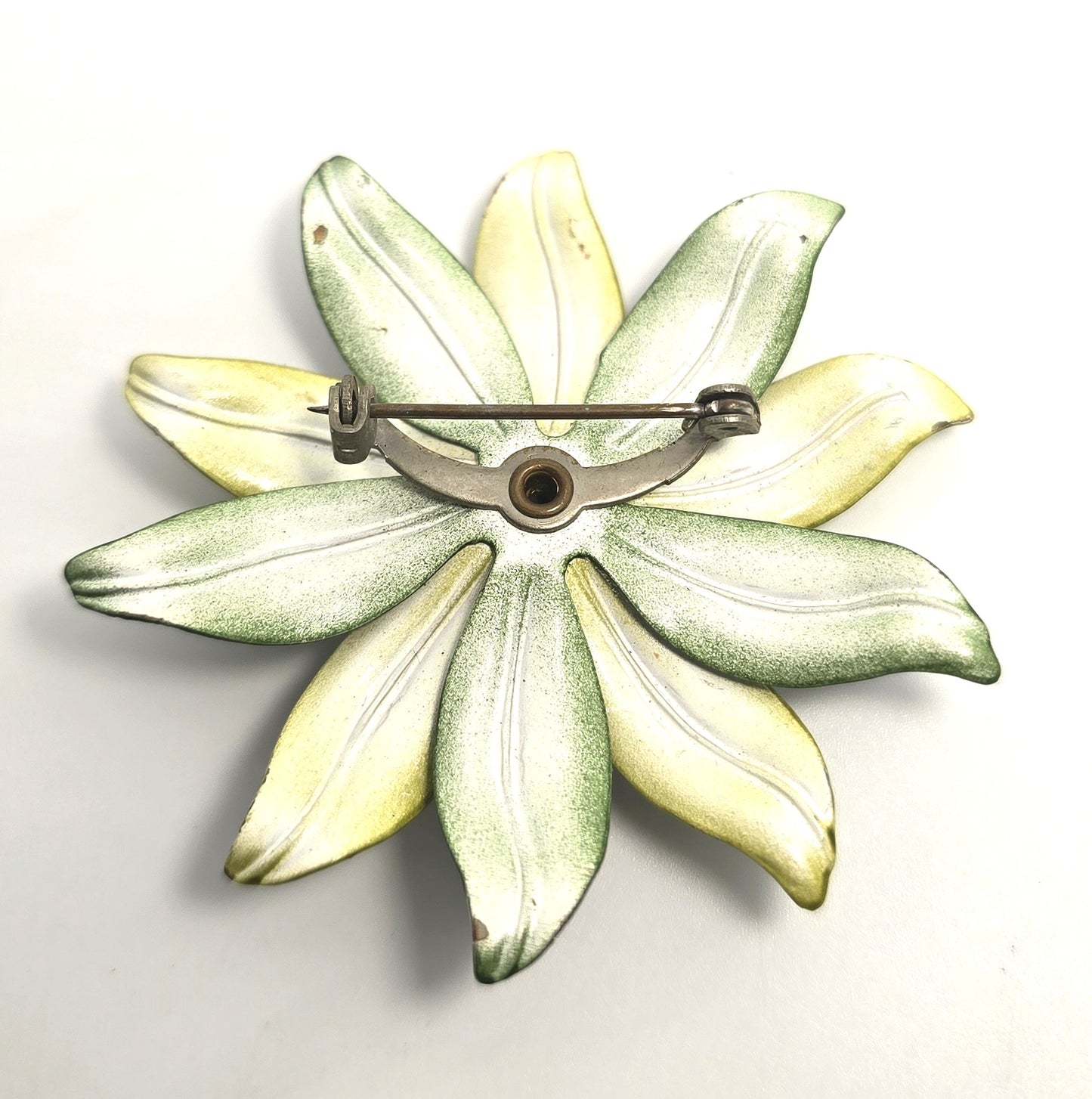 Green vintage Large retro enamel flower tin pin holiday Christmas mid century brooch