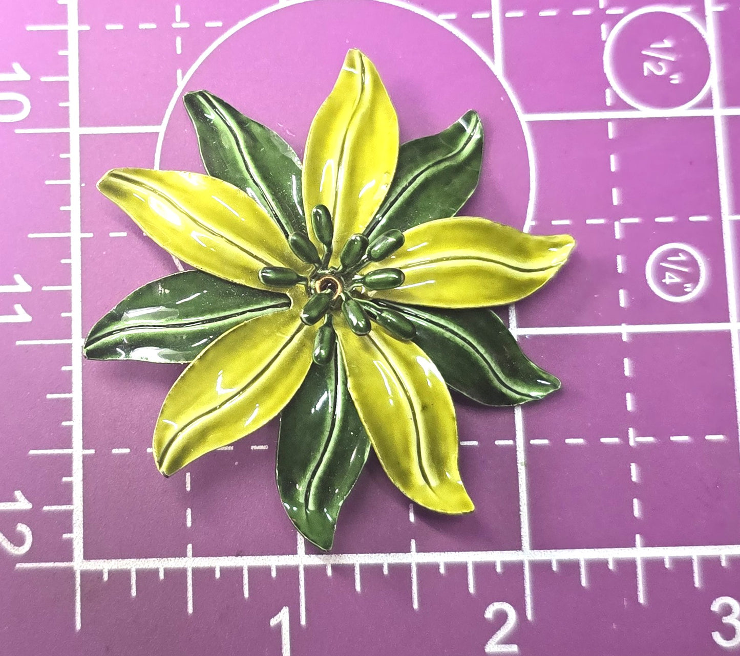 Green vintage Large retro enamel flower tin pin holiday Christmas mid century brooch