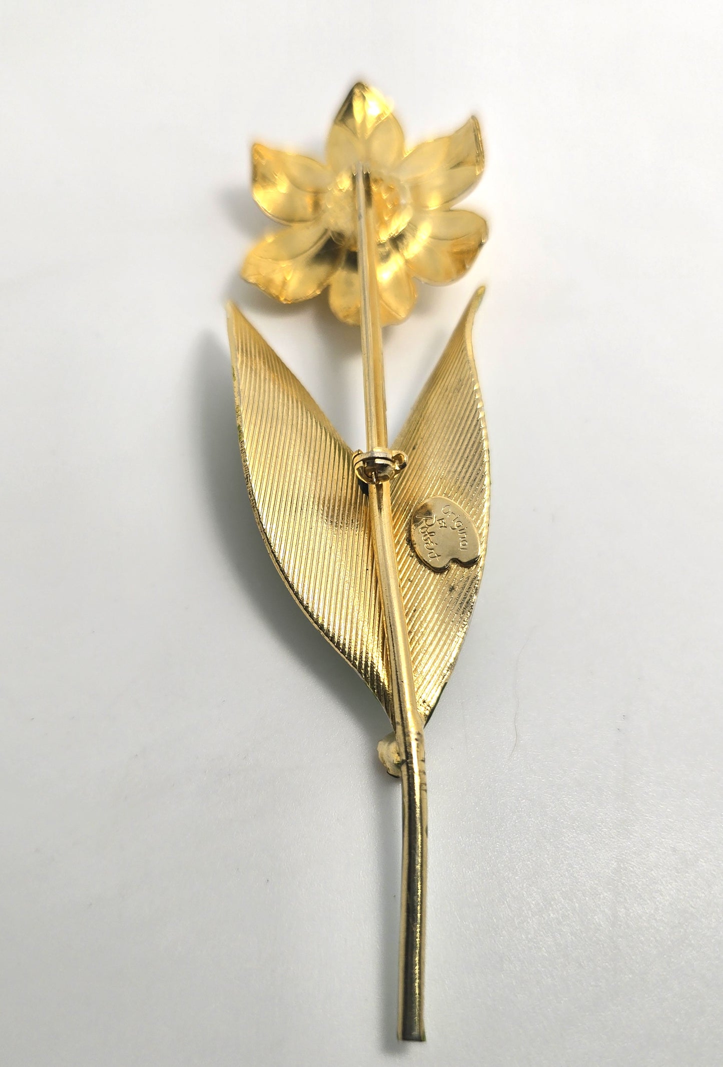 Original by Robert Yellow flower Green vintage enamel flower tin pin brooch