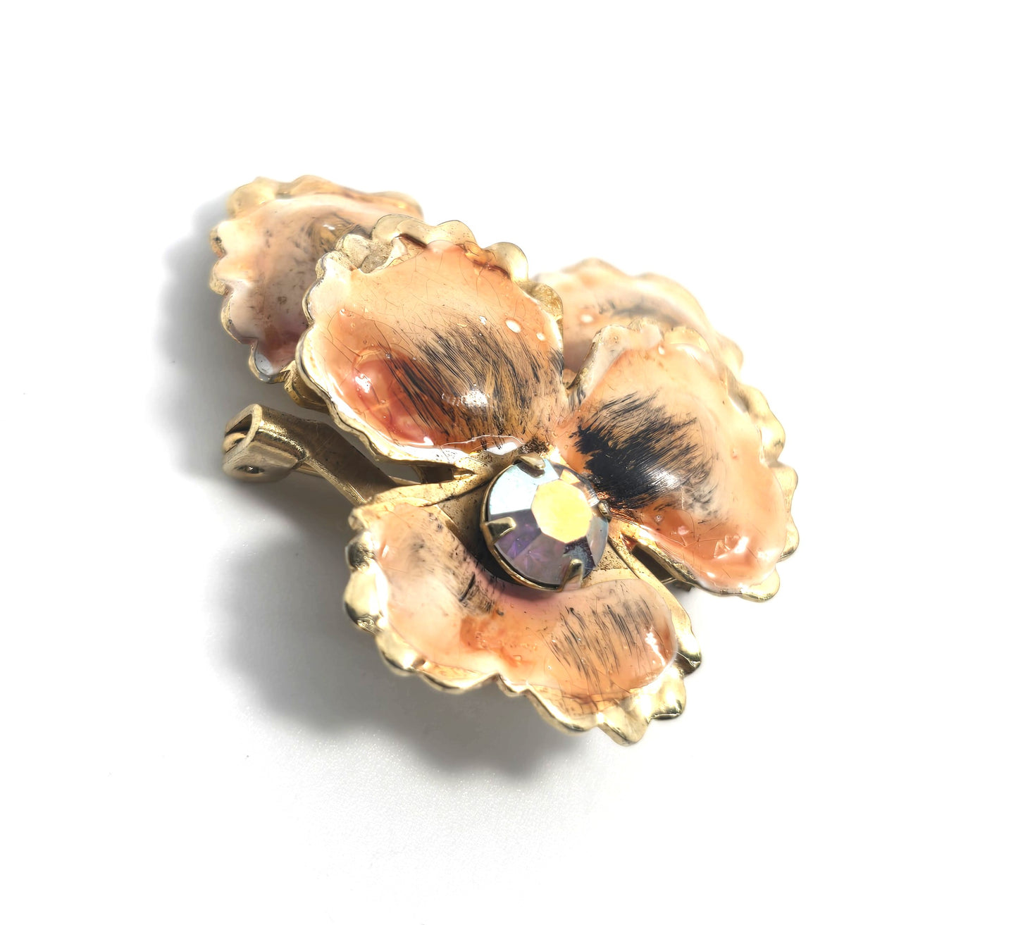 Pansy orange peach aurora borealis AB rhinestone tin enamel vintage brooch