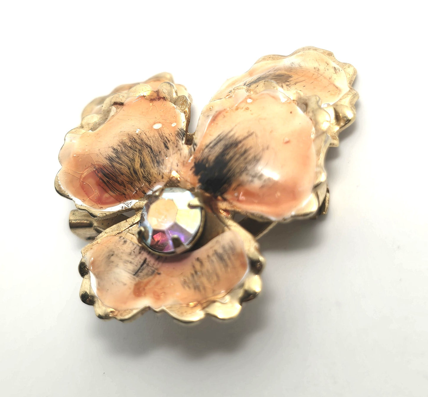 Pansy orange peach aurora borealis AB rhinestone tin enamel vintage brooch