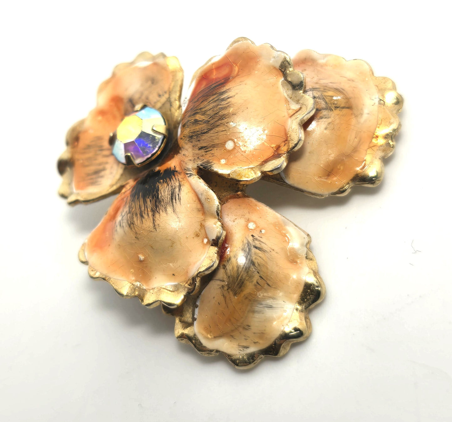 Pansy orange peach aurora borealis AB rhinestone tin enamel vintage brooch