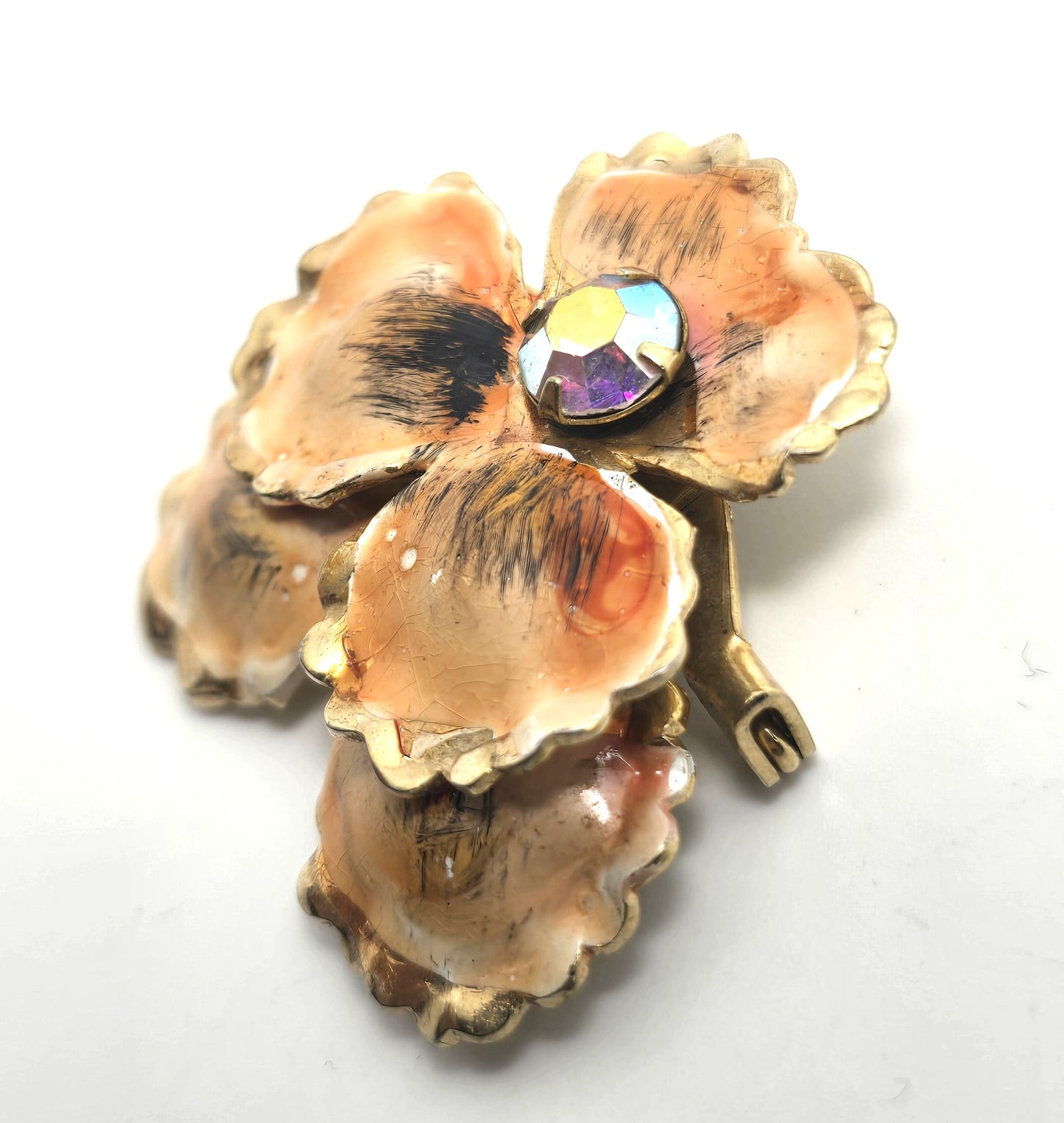 Pansy orange peach aurora borealis AB rhinestone tin enamel vintage brooch