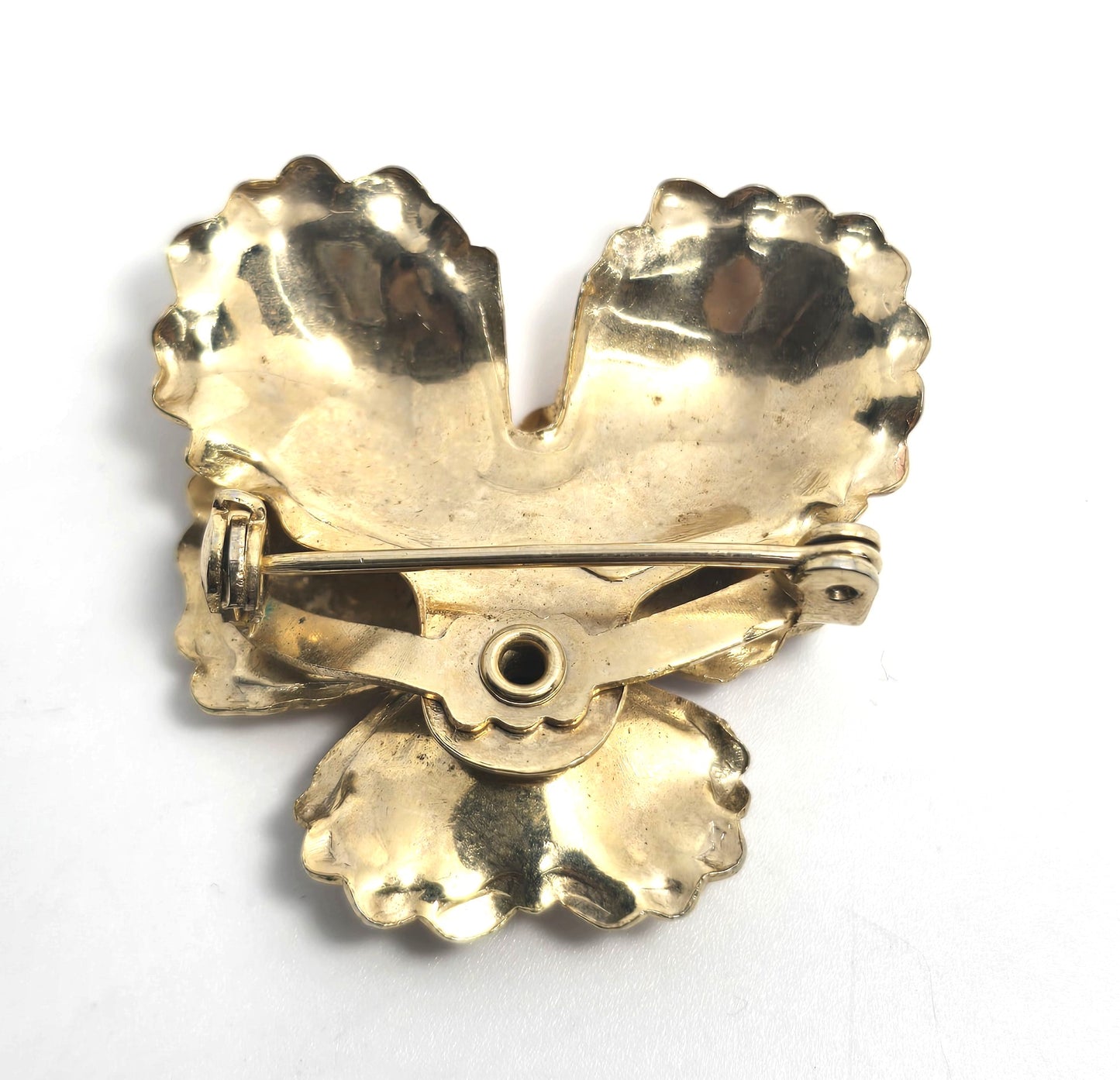 Pansy orange peach aurora borealis AB rhinestone tin enamel vintage brooch