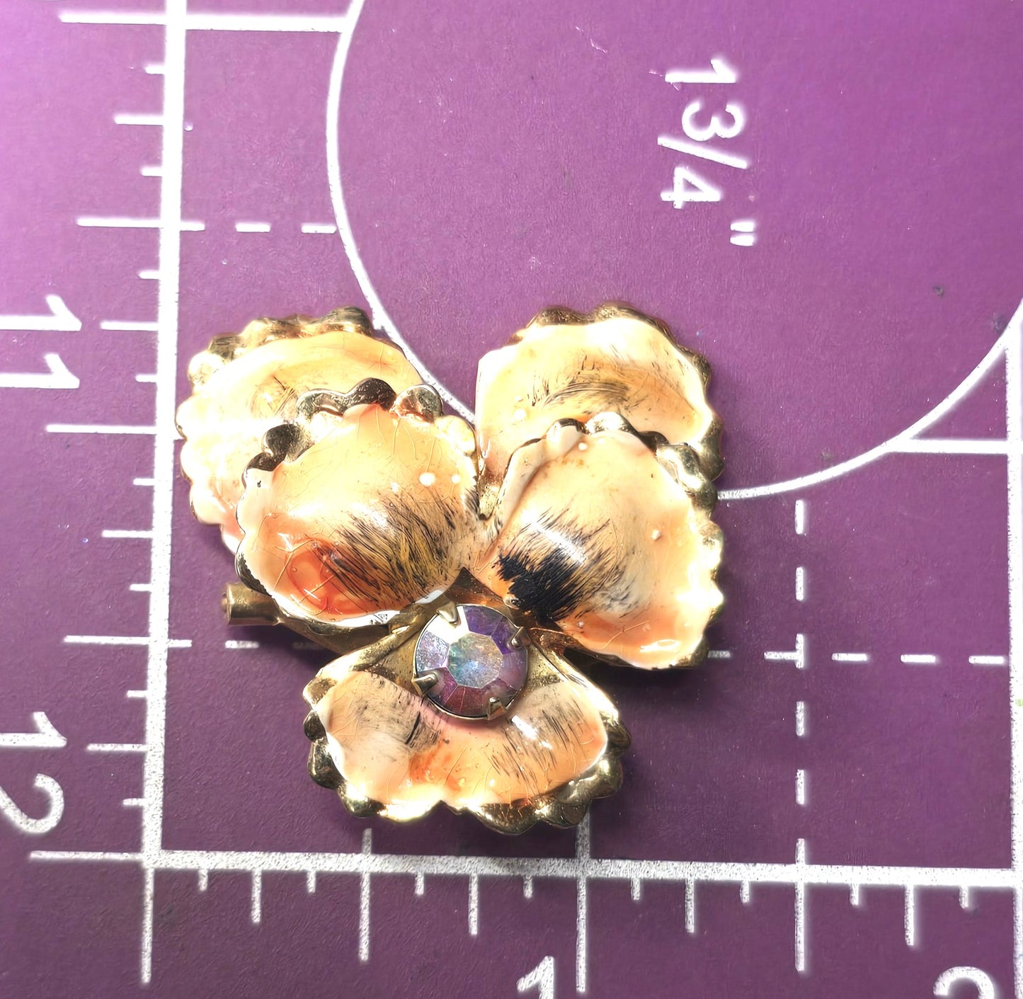 Pansy orange peach aurora borealis AB rhinestone tin enamel vintage brooch