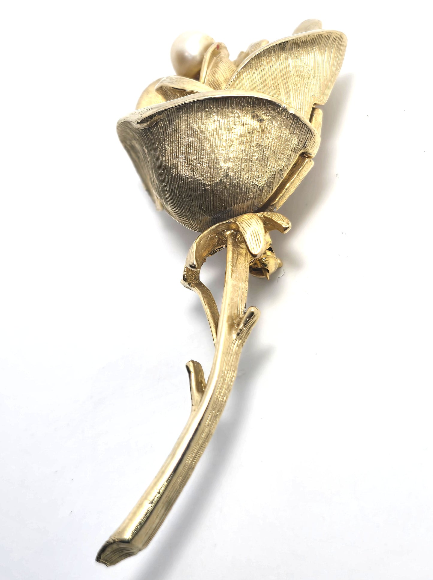 Capri faux pearl long stem rose gold toned vintage signed flower brooch