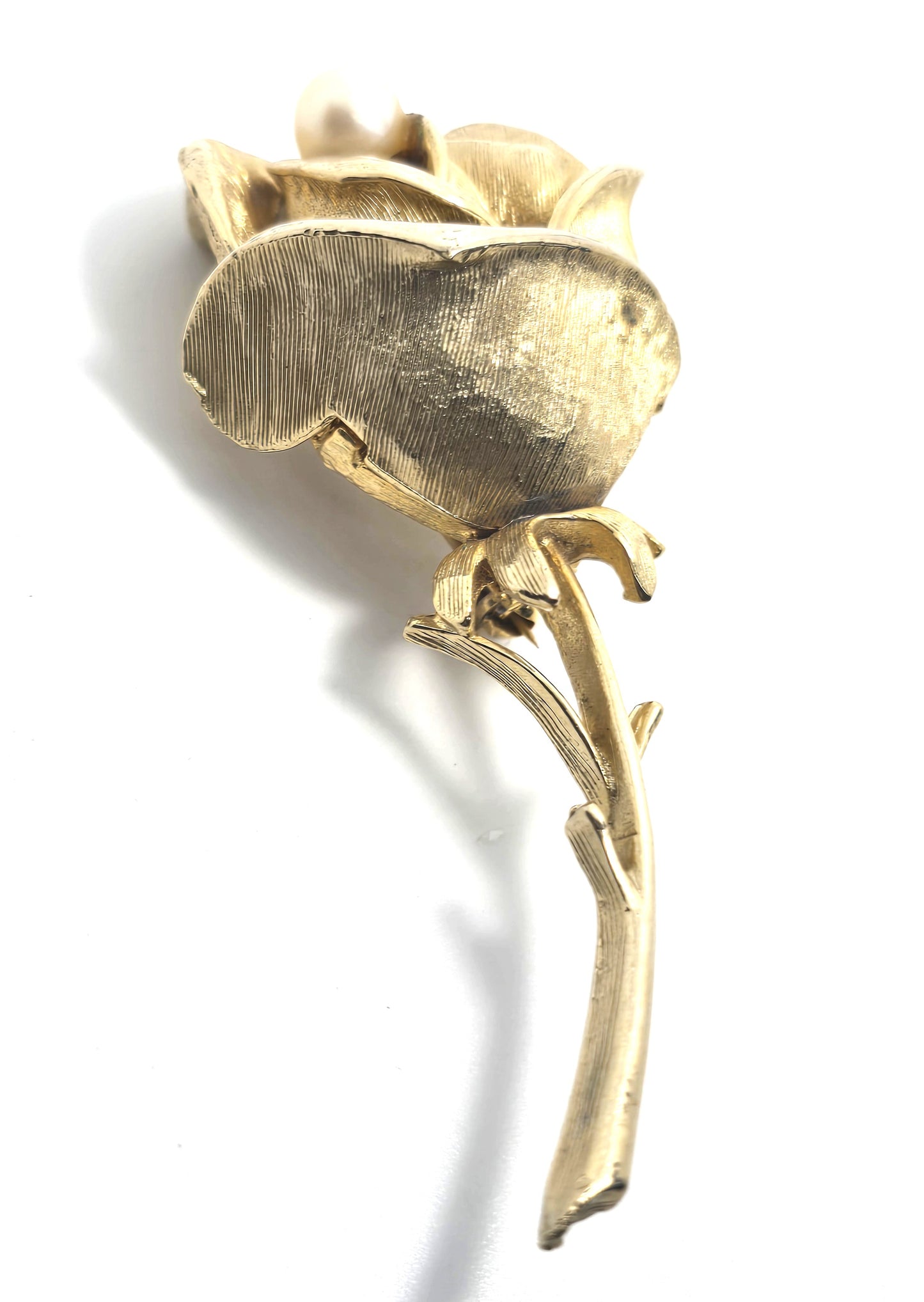 Capri faux pearl long stem rose gold toned vintage signed flower brooch