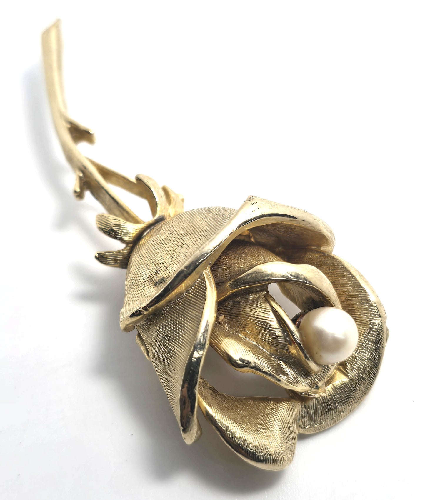 Capri faux pearl long stem rose gold toned vintage signed flower brooch