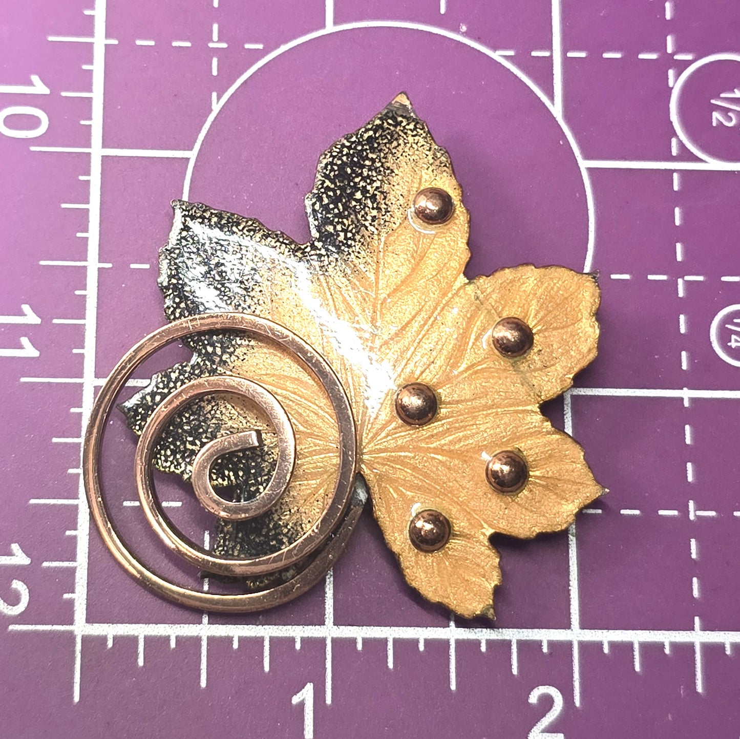 Renoir Matisse copper enamel whimsy swirl maple leaf signed brooch