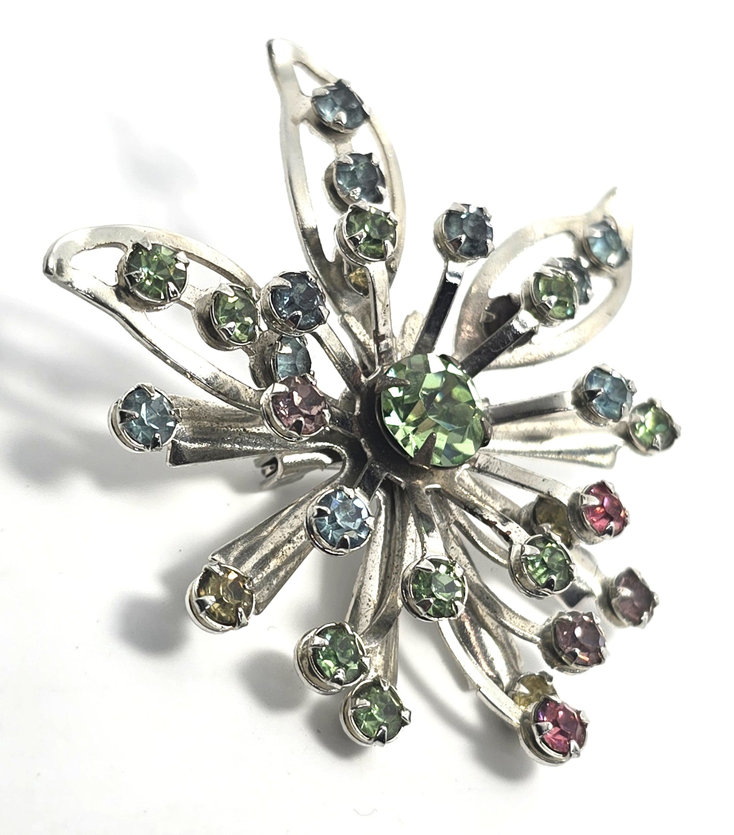 Fruit Salad Rainbow open work silver flower mid century rhinestone brooch
