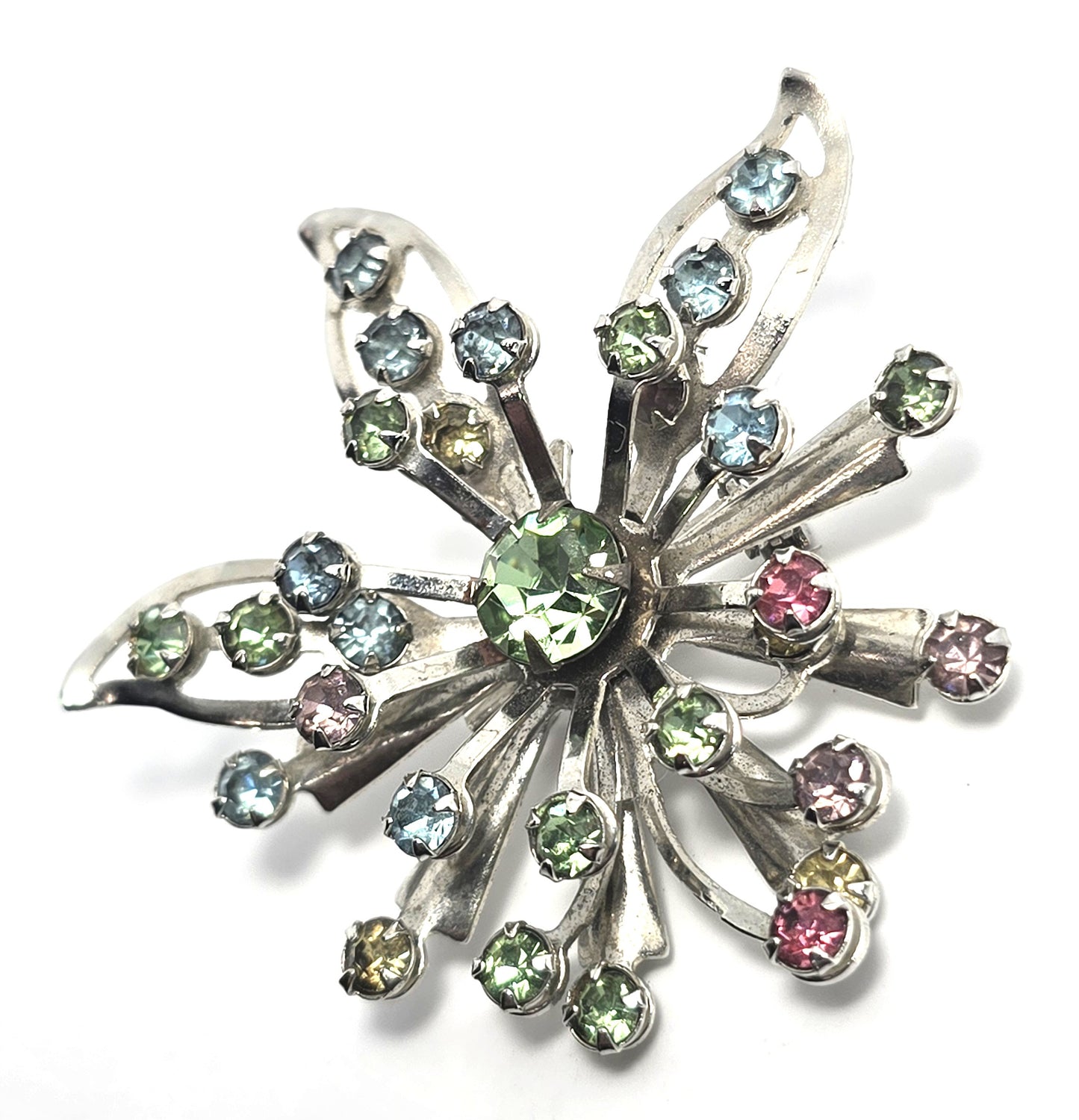 Fruit Salad Rainbow open work silver flower mid century rhinestone brooch