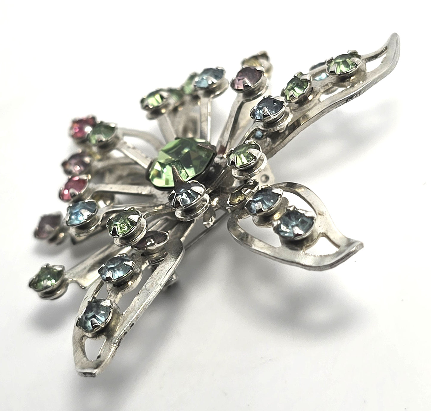 Fruit Salad Rainbow open work silver flower mid century rhinestone brooch