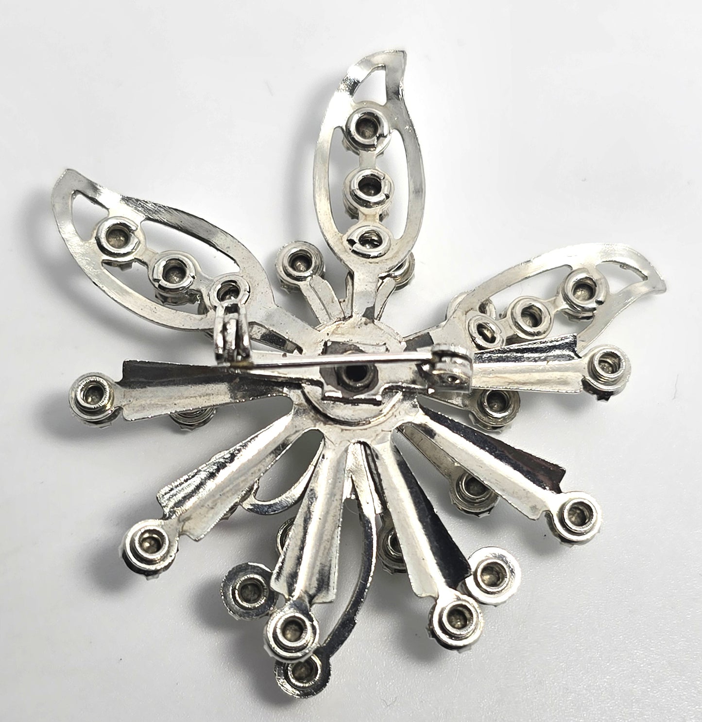 Fruit Salad Rainbow open work silver flower mid century rhinestone brooch