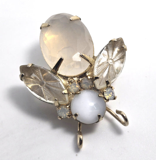Molded glass vintage mid century opaline rhinestone flying bee insect brooch pin