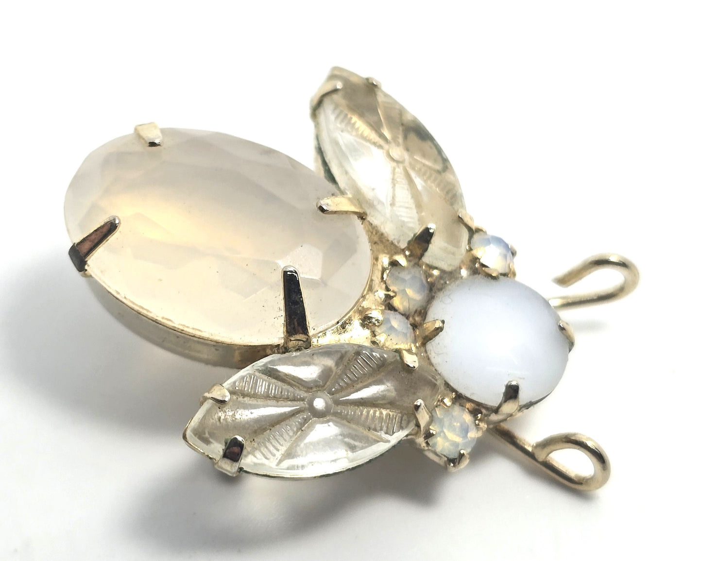 Molded glass vintage mid century opaline rhinestone flying bee insect brooch pin