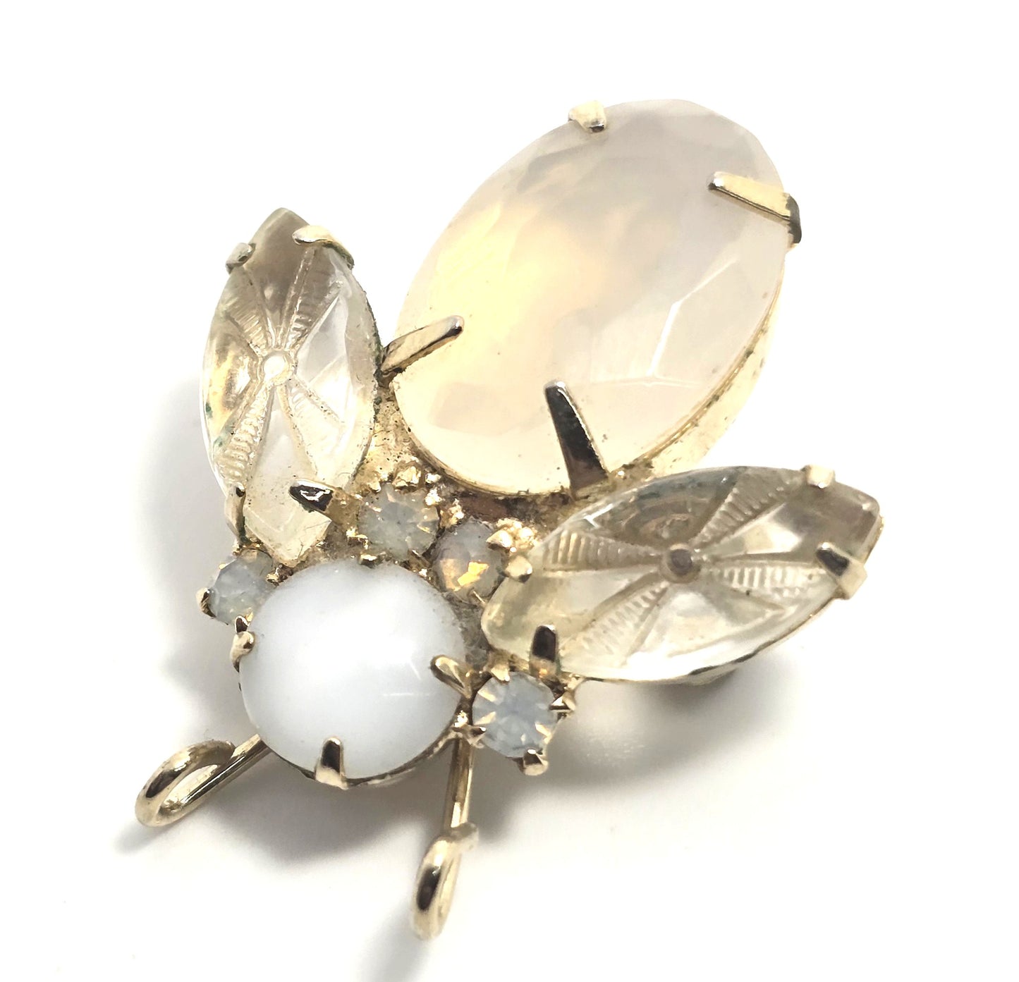 Molded glass vintage mid century opaline rhinestone flying bee insect brooch pin