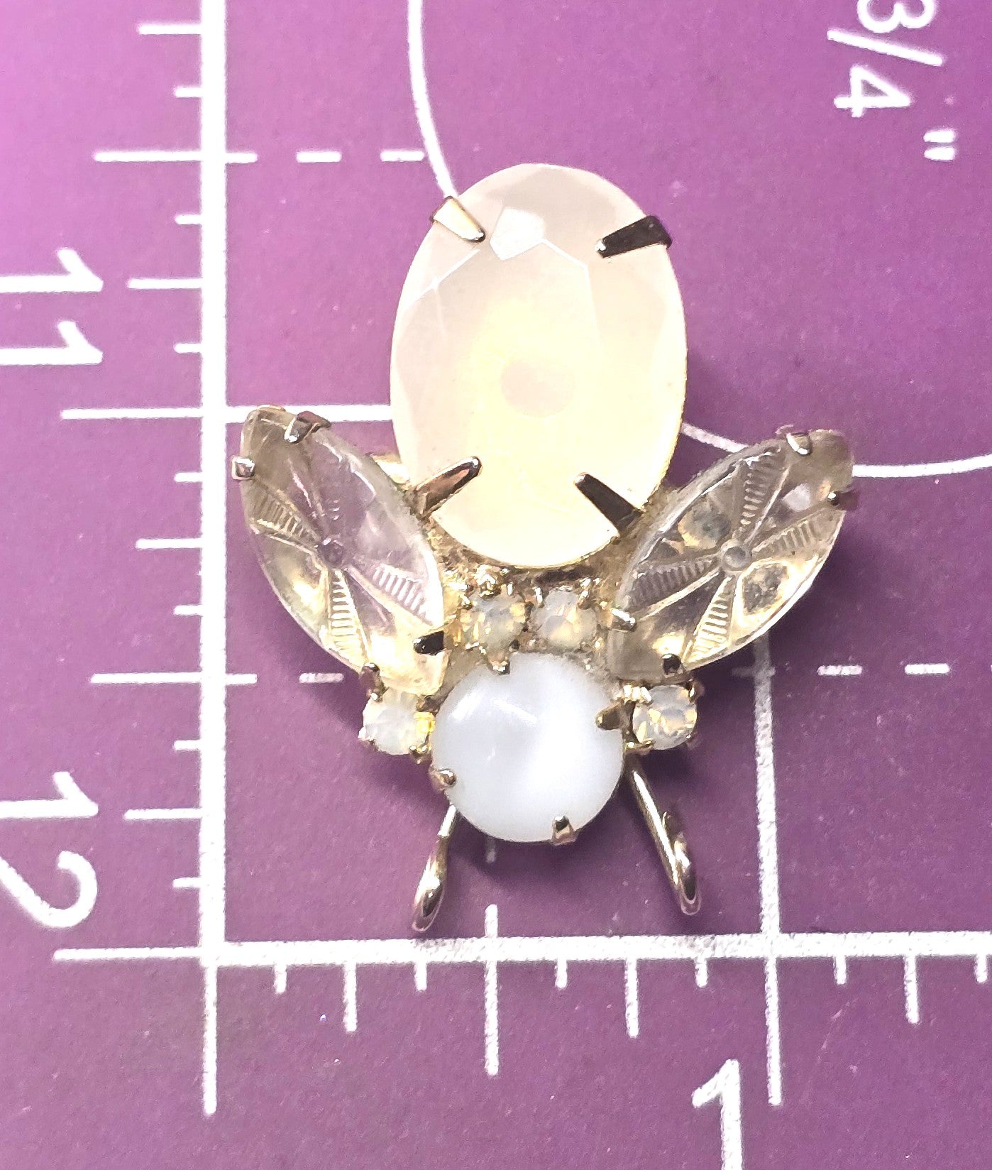 Molded glass vintage mid century opaline rhinestone flying bee insect brooch pin