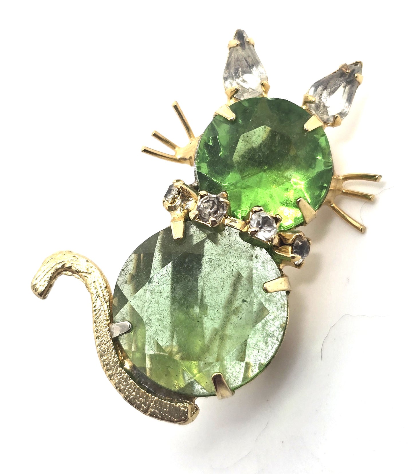 Bright green rhinestone kitty cat with collar figural vintage rhinestone brooch