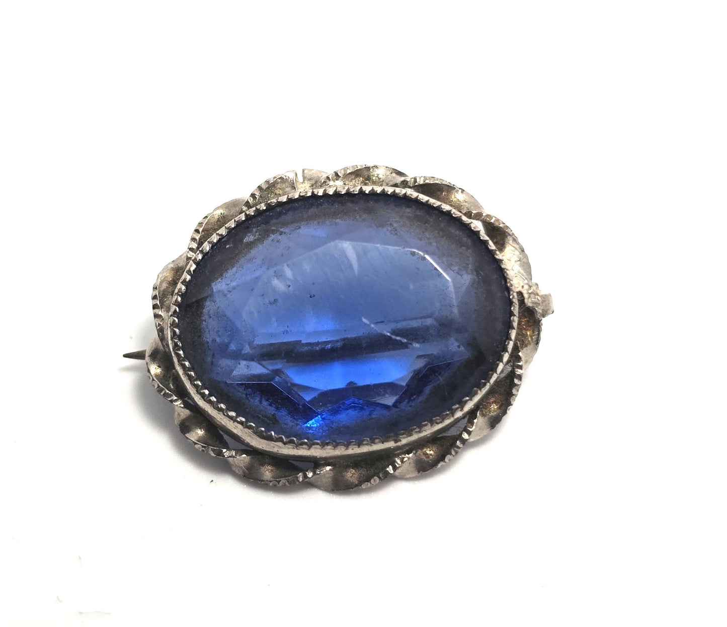 Cobalt blue glass silver toned twisted frame antique Czech glass brooch pin