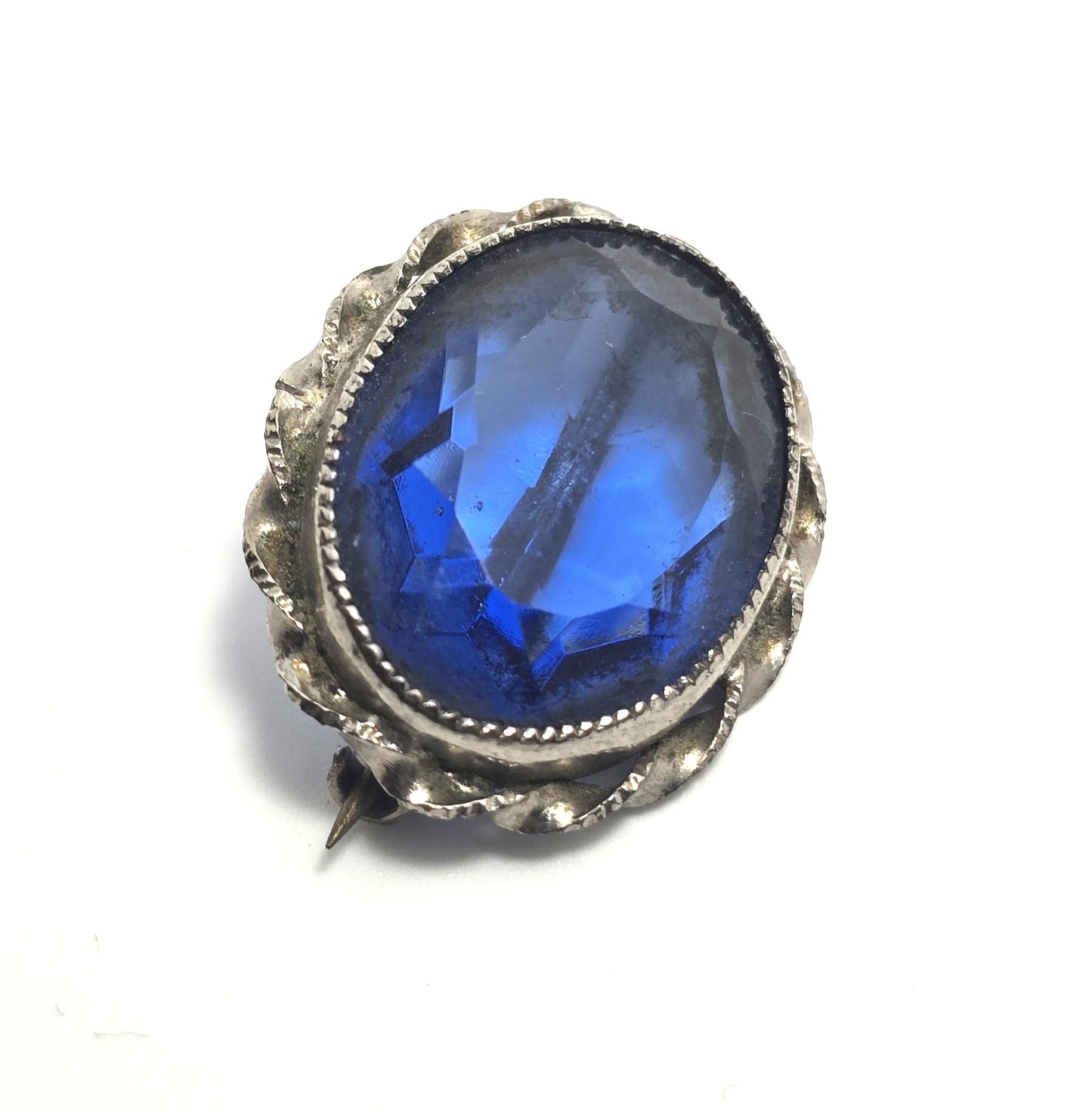 Cobalt blue glass silver toned twisted frame antique Czech glass brooch pin