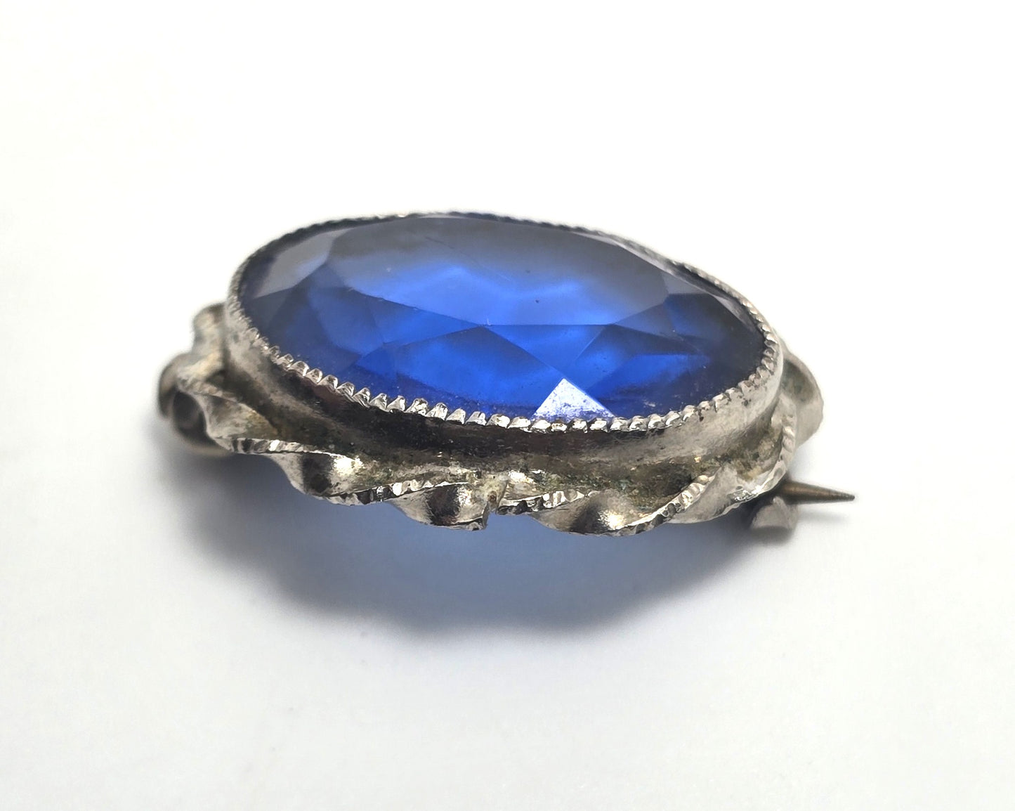 Cobalt blue glass silver toned twisted frame antique Czech glass brooch pin
