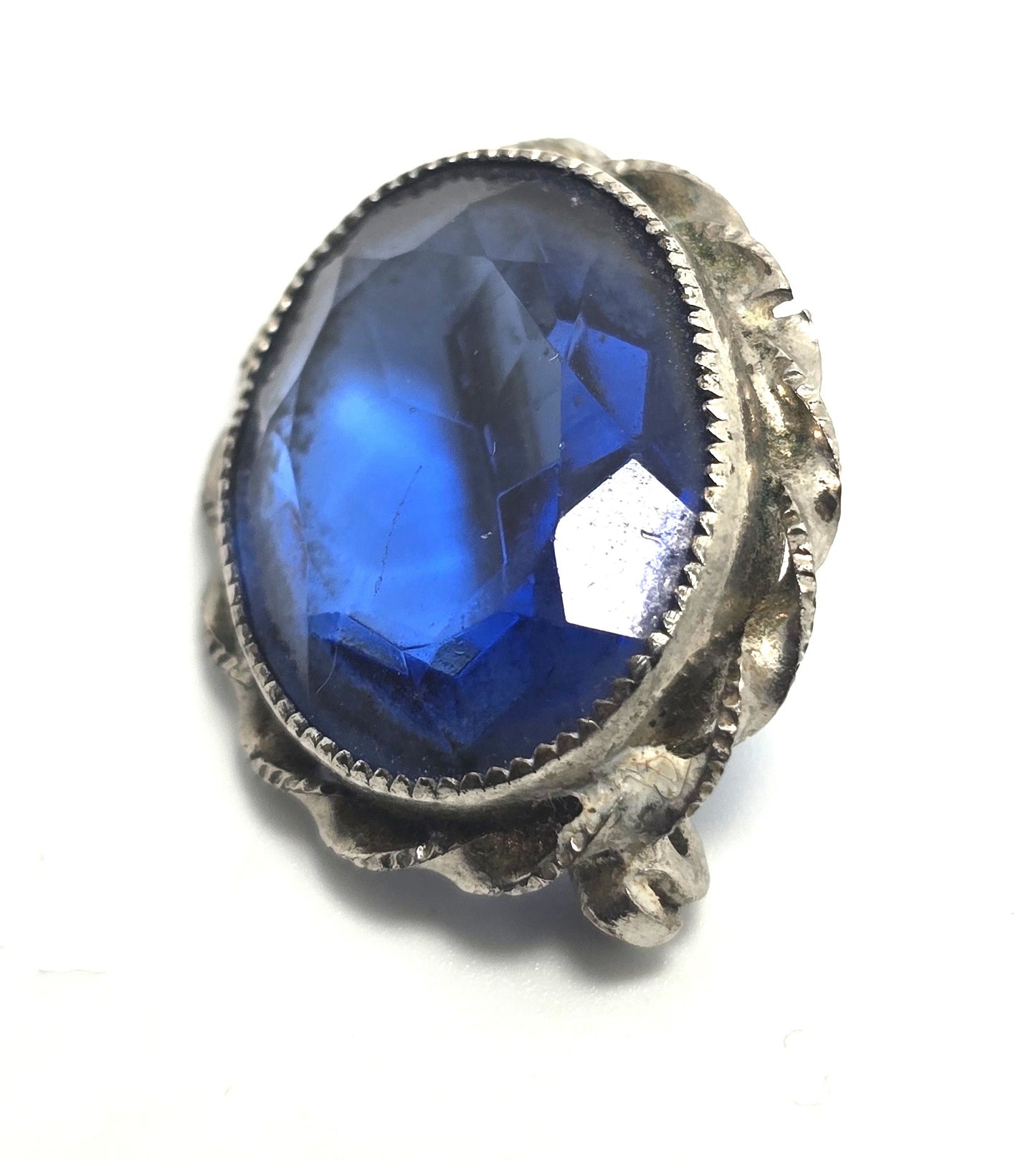 Cobalt blue glass silver toned twisted frame antique Czech glass brooch pin