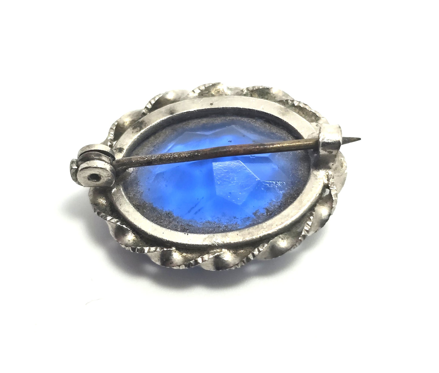 Cobalt blue glass silver toned twisted frame antique Czech glass brooch pin