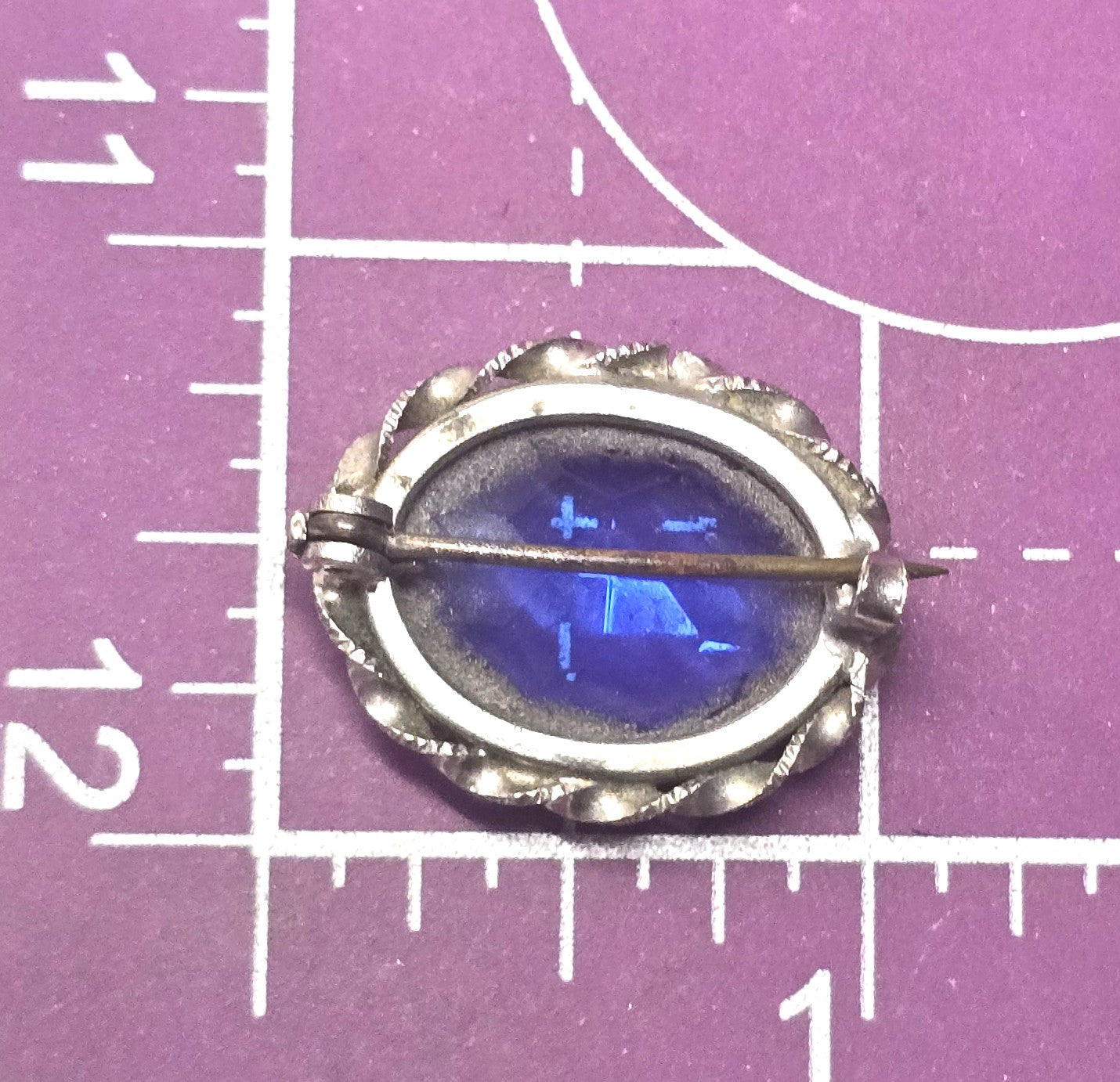 Cobalt blue glass silver toned twisted frame antique Czech glass brooch pin