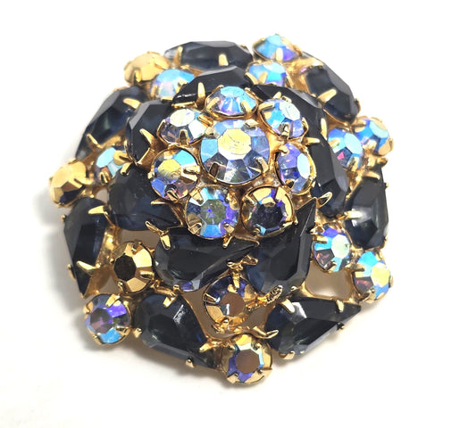 Navy Blue Aurora borealis rainbow domed vintage mid century rhinestone brooch