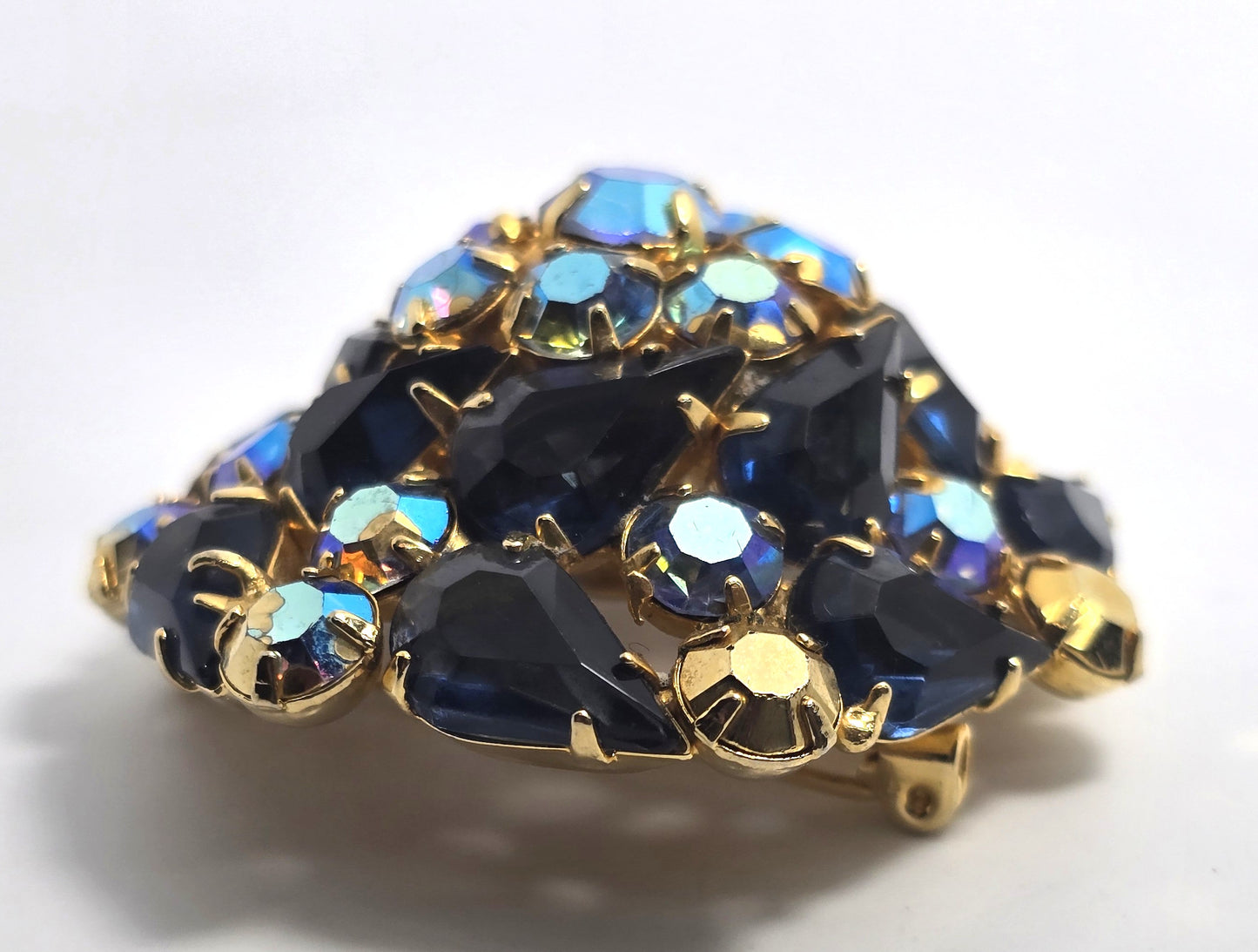 Navy Blue Aurora borealis rainbow domed vintage mid century rhinestone brooch
